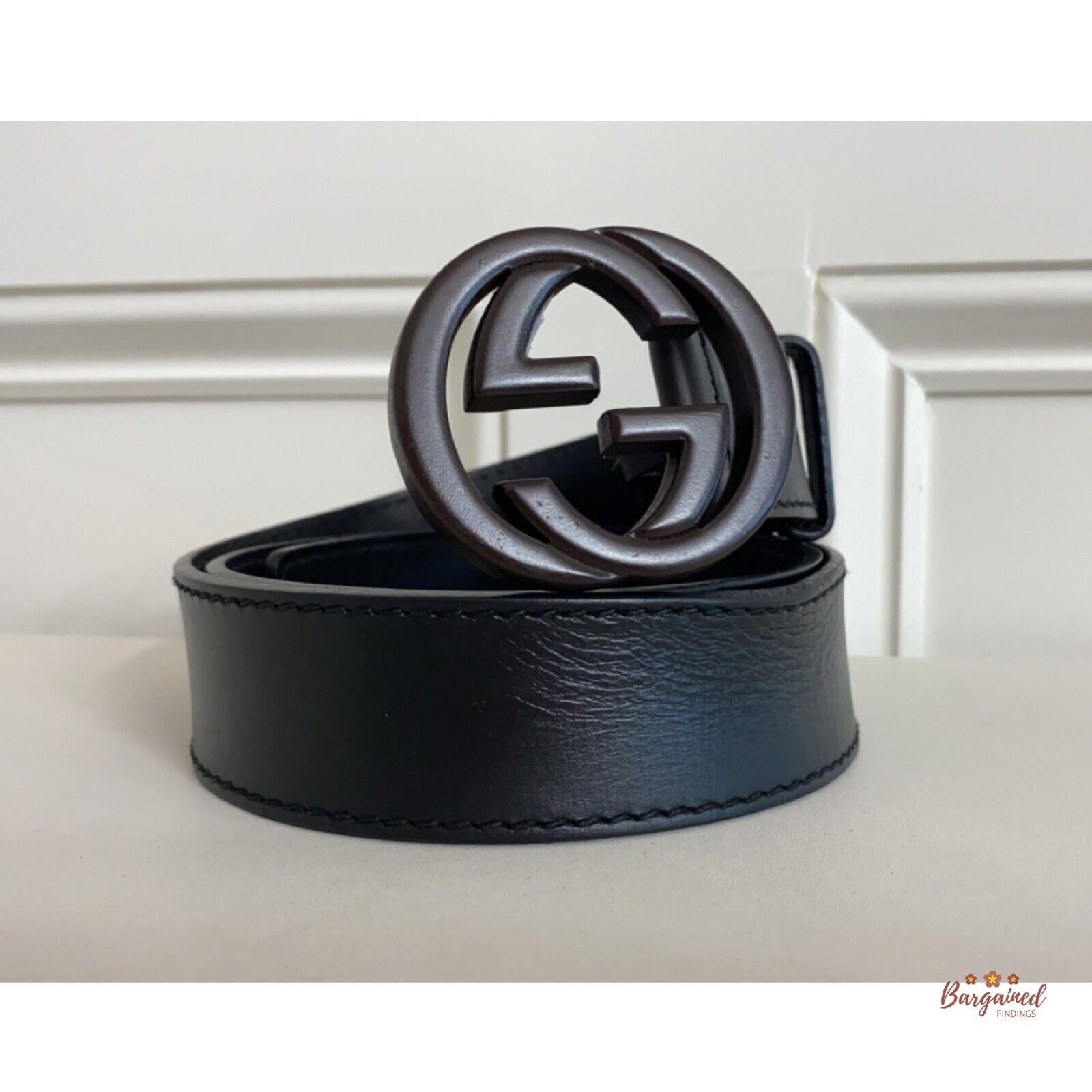 Gucci Gucci Black Leather Brown Bamboo Interlocking G Buckle Belt Size 34 - 1 Thumbnail