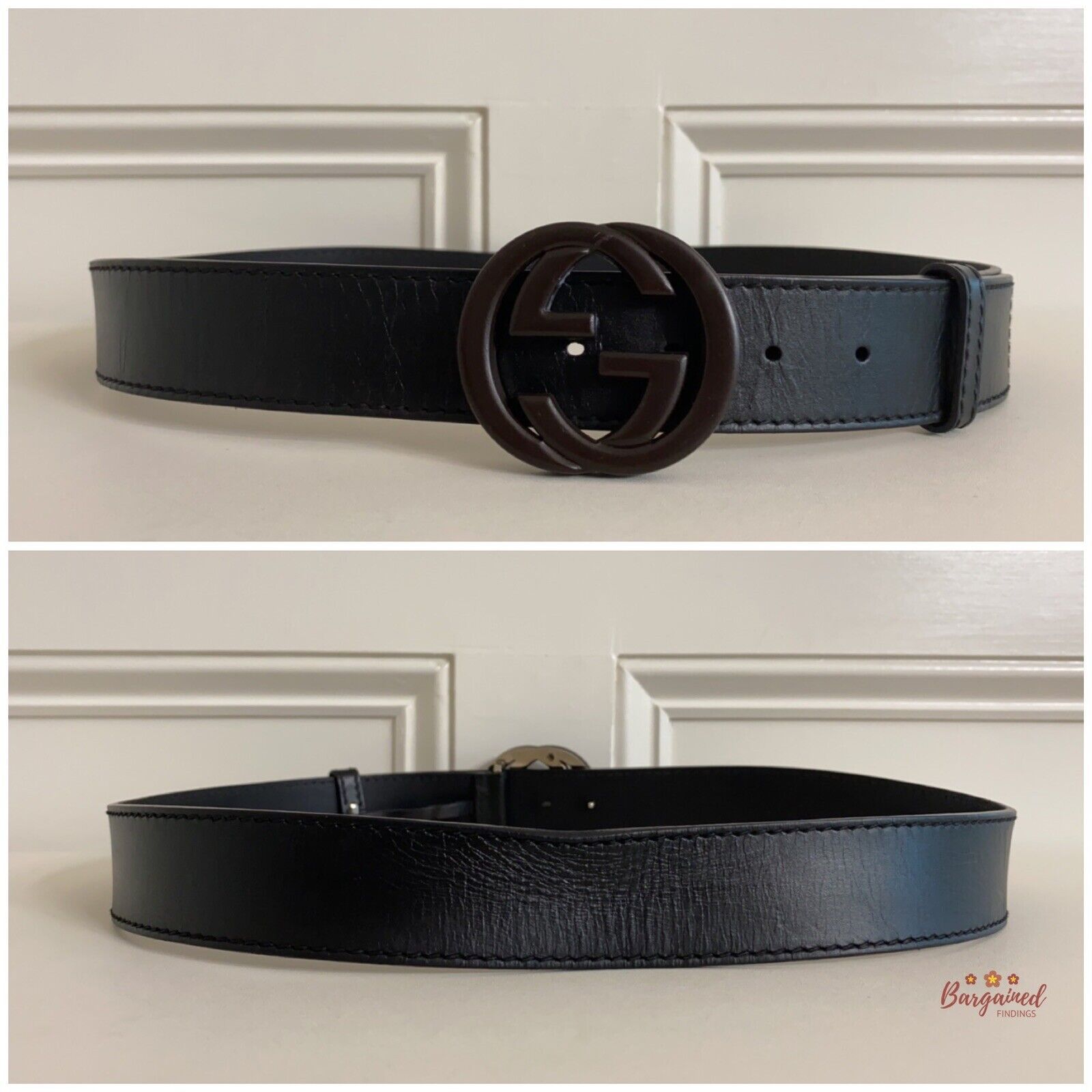 Gucci Gucci Black Leather Brown Bamboo Interlocking G Buckle Belt Size 34 - 4 Thumbnail
