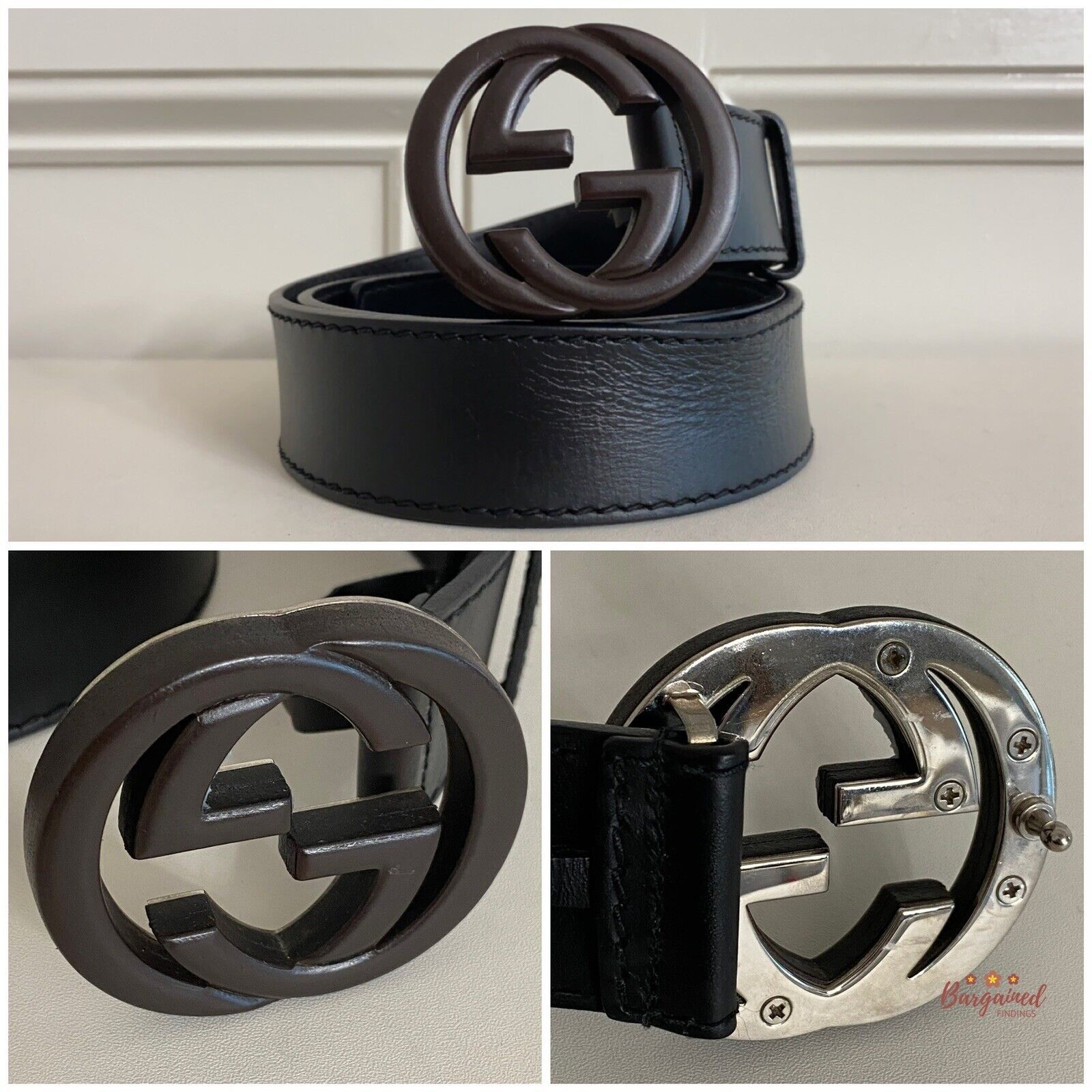 Gucci Gucci Black Leather Brown Bamboo Interlocking G Buckle Belt Size 34 - 2 Thumbnail
