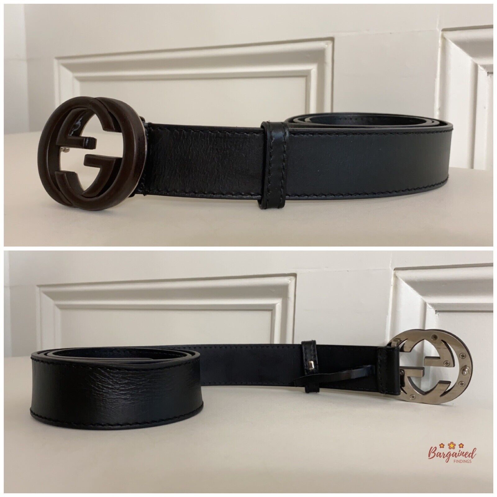 Gucci Gucci Black Leather Brown Bamboo Interlocking G Buckle Belt Size 34 - 9 Thumbnail