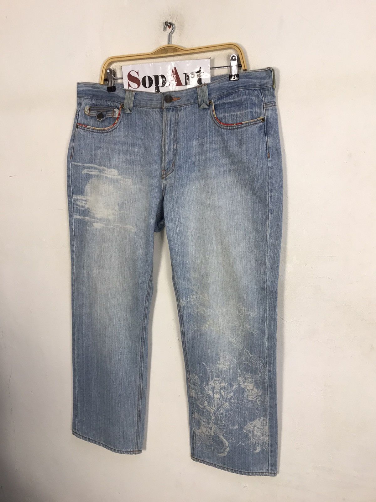 Japanese Brand × Vintage Vintage Printed Japanese Samurai Light Wash Jeans Design Size US 37 - 4 Thumbnail
