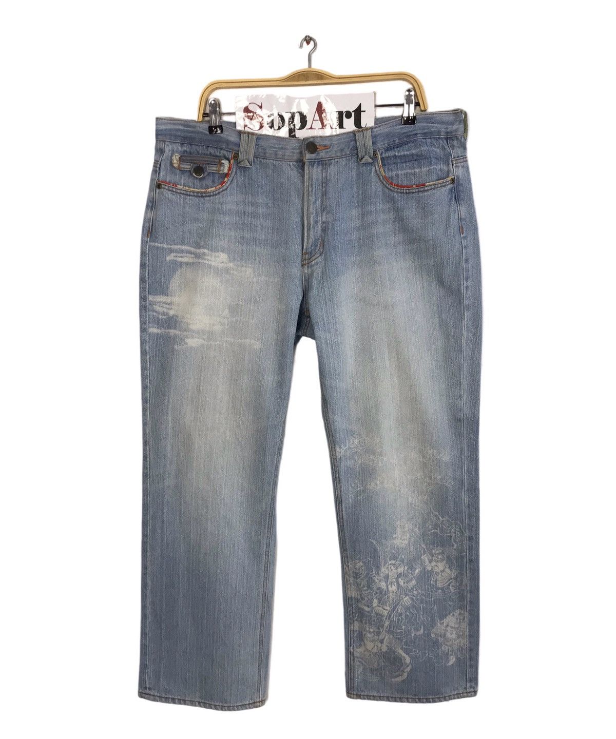 Japanese Brand × Vintage Vintage Printed Japanese Samurai Light Wash Jeans Design Size US 37 - 1 Thumbnail