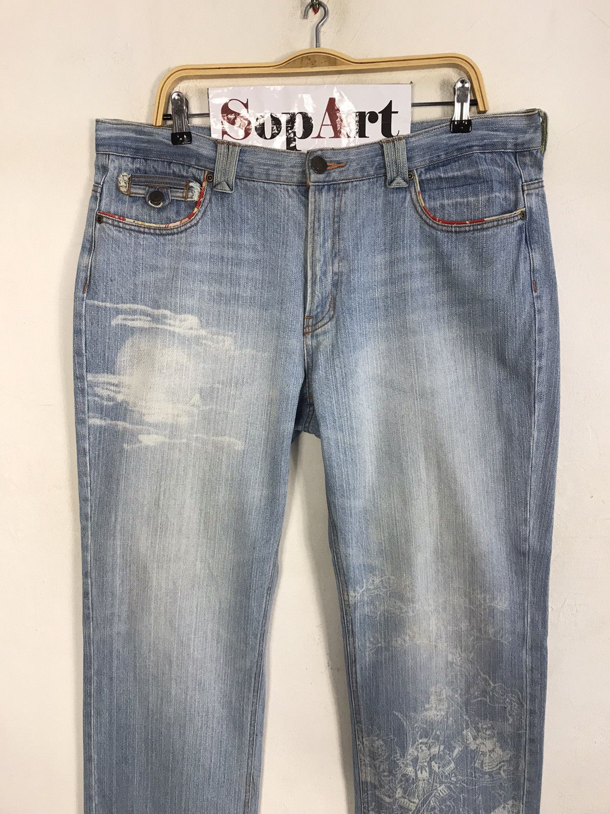 Japanese Brand × Vintage Vintage Printed Japanese Samurai Light Wash Jeans Design Size US 37 - 3 Thumbnail