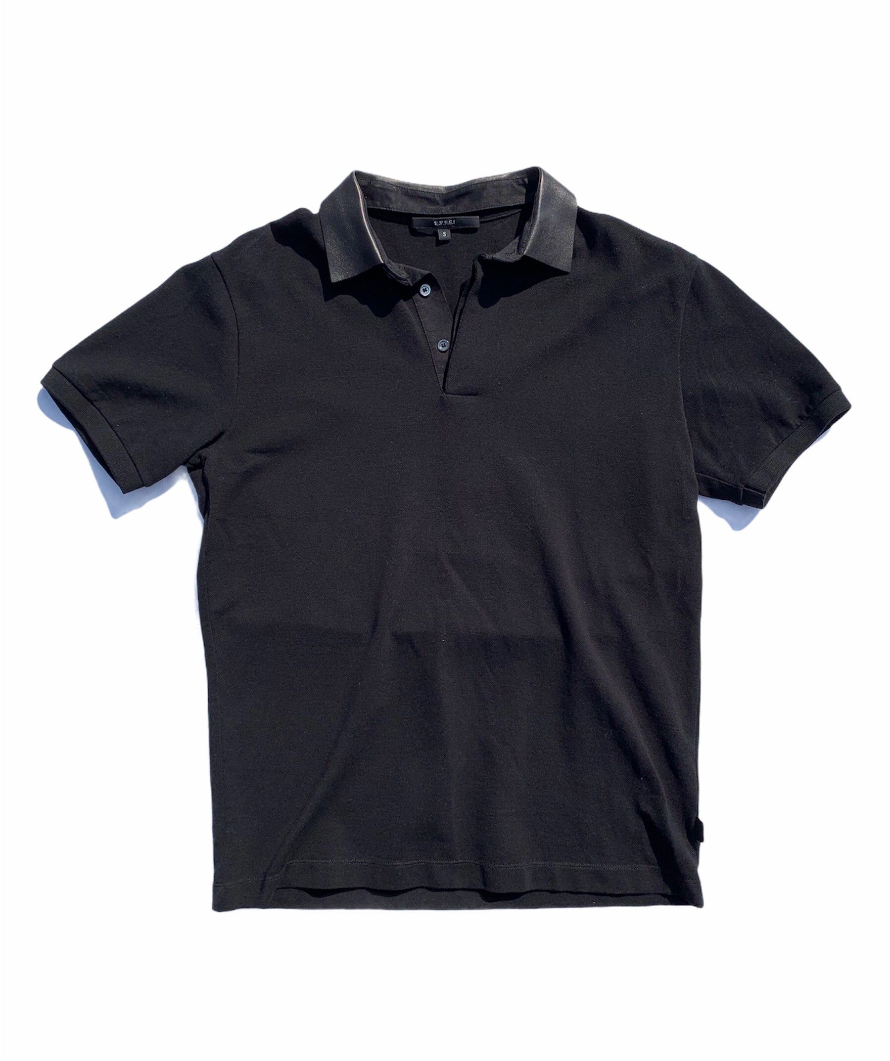 Image of Gucci Tom Ford Leather Collar Black Cotton Pique Polo Shirt, Men's (Size Small)