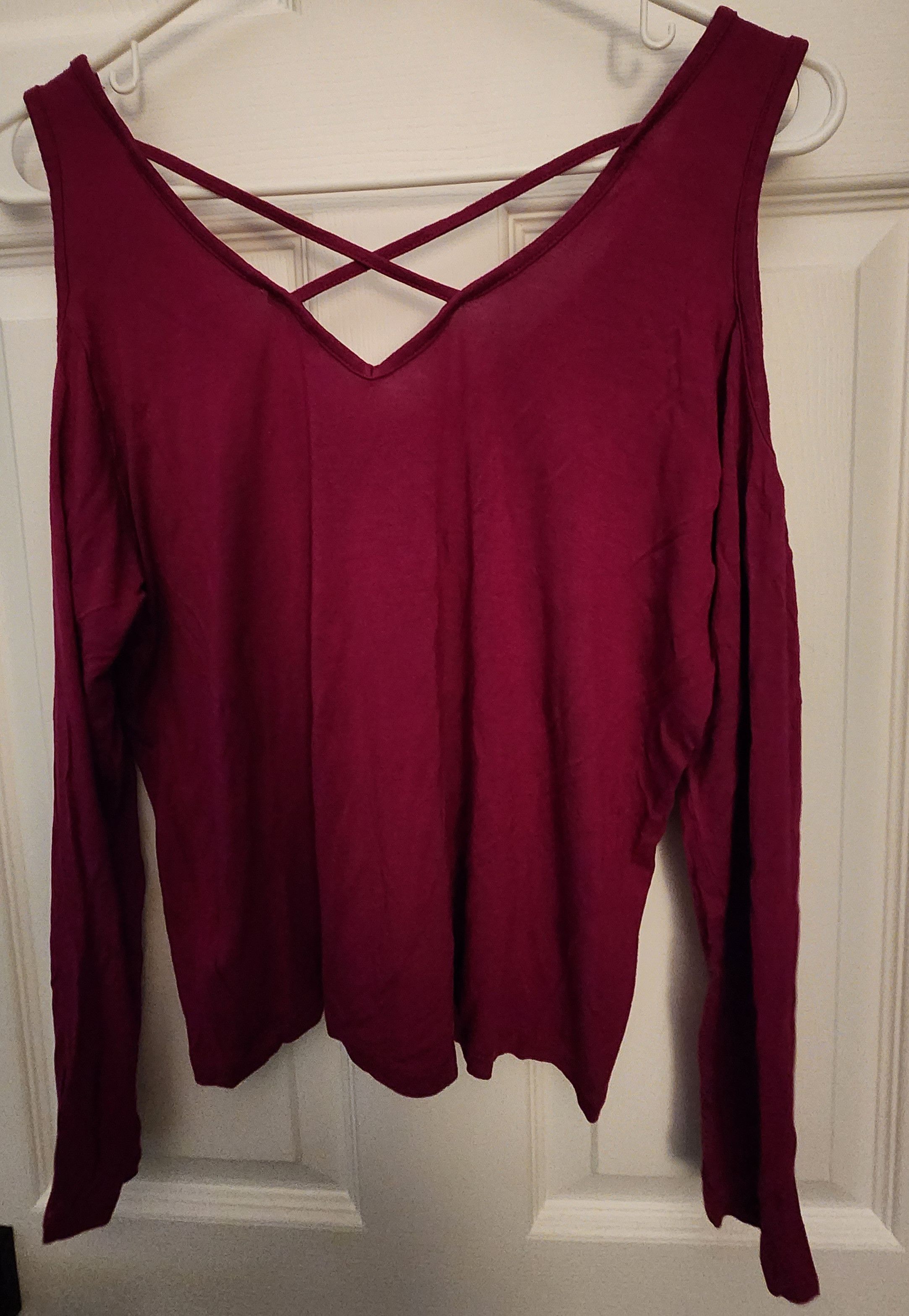 Express Express Cold Shoulder LS Double Vneck Shirt Pink Berry XS Size XS / US 0-2 / IT 36-38 - 3 Thumbnail