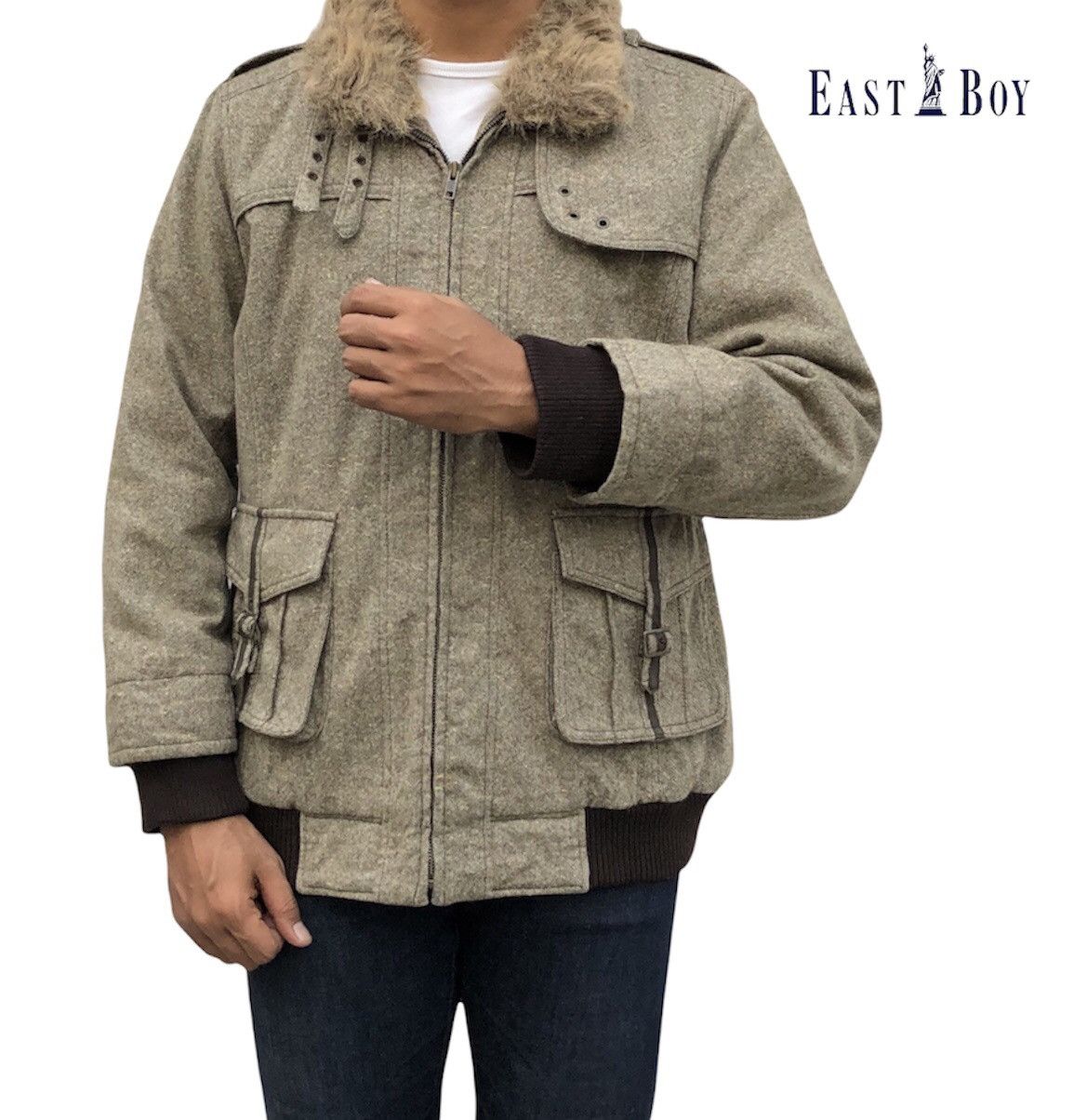 East Boy Faux Fur Collar Buckle Jacket