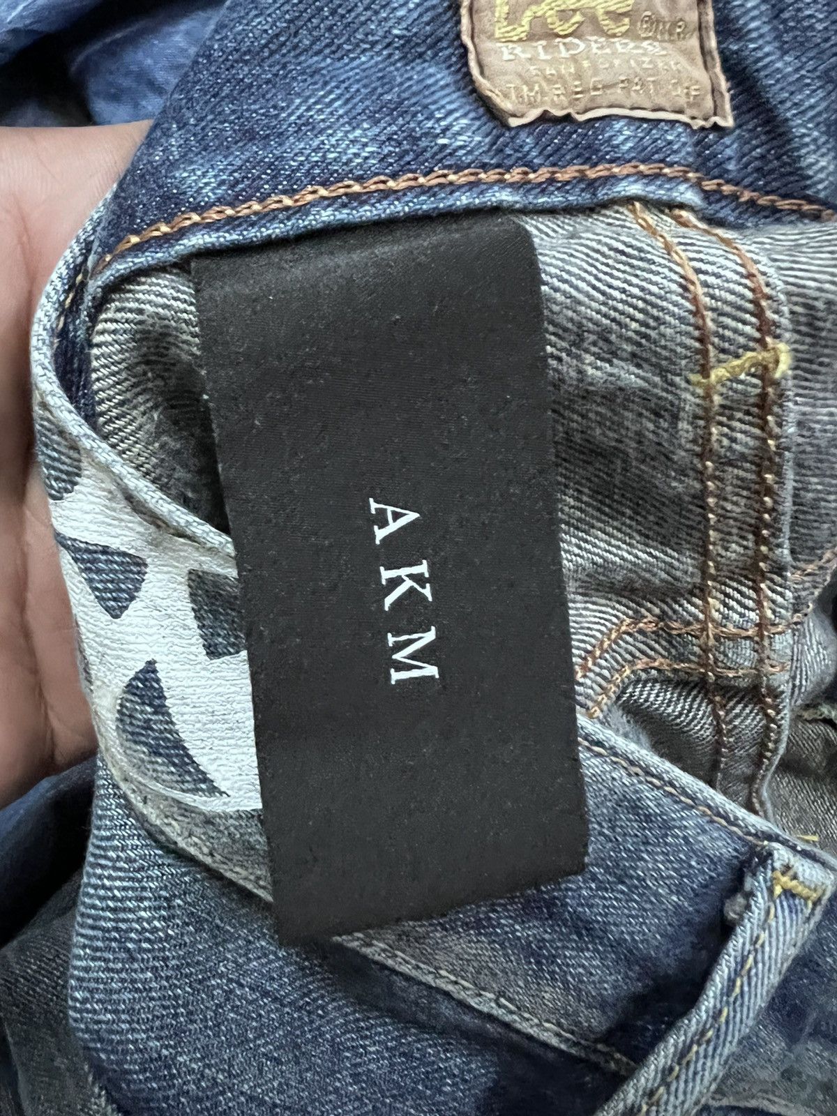 AKM × Japanese Brand × Lee FLARE💥 LEE X AKM CURVED PATTERN LEATHER FLAP DENIM PANTS Size US 34 / EU 50 - 10 Thumbnail
