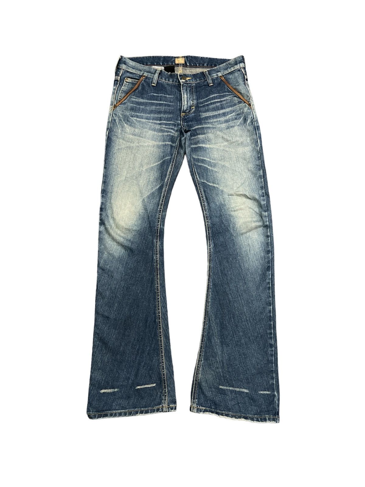 image of Flare Lee X Akm Curved Pattern Leather Flap Denim Pants in Blue, Men's (Size 34)