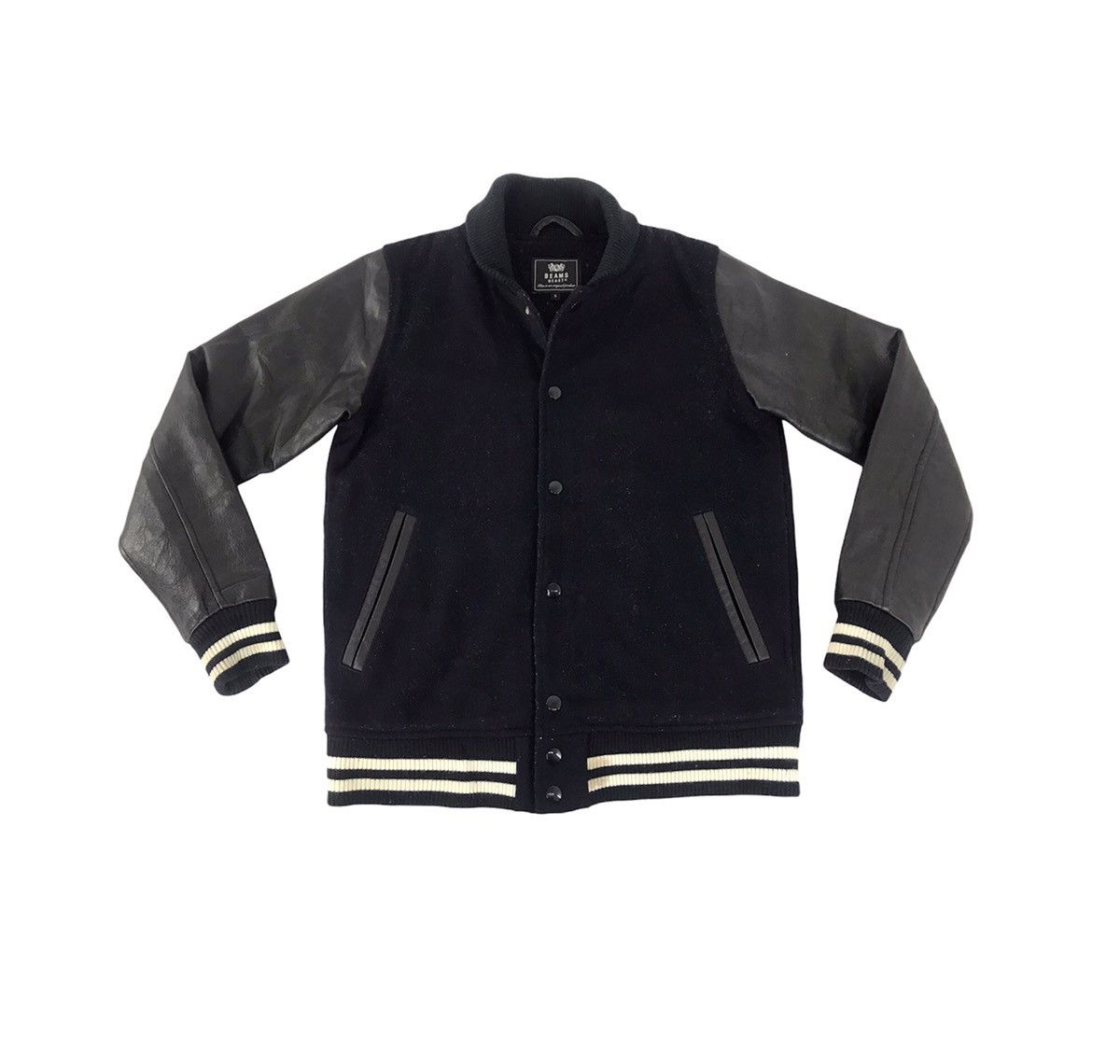 Pre-owned Beams Vintage Varsity Jacket  Heart Wool Cow Leather Sleeve In Black