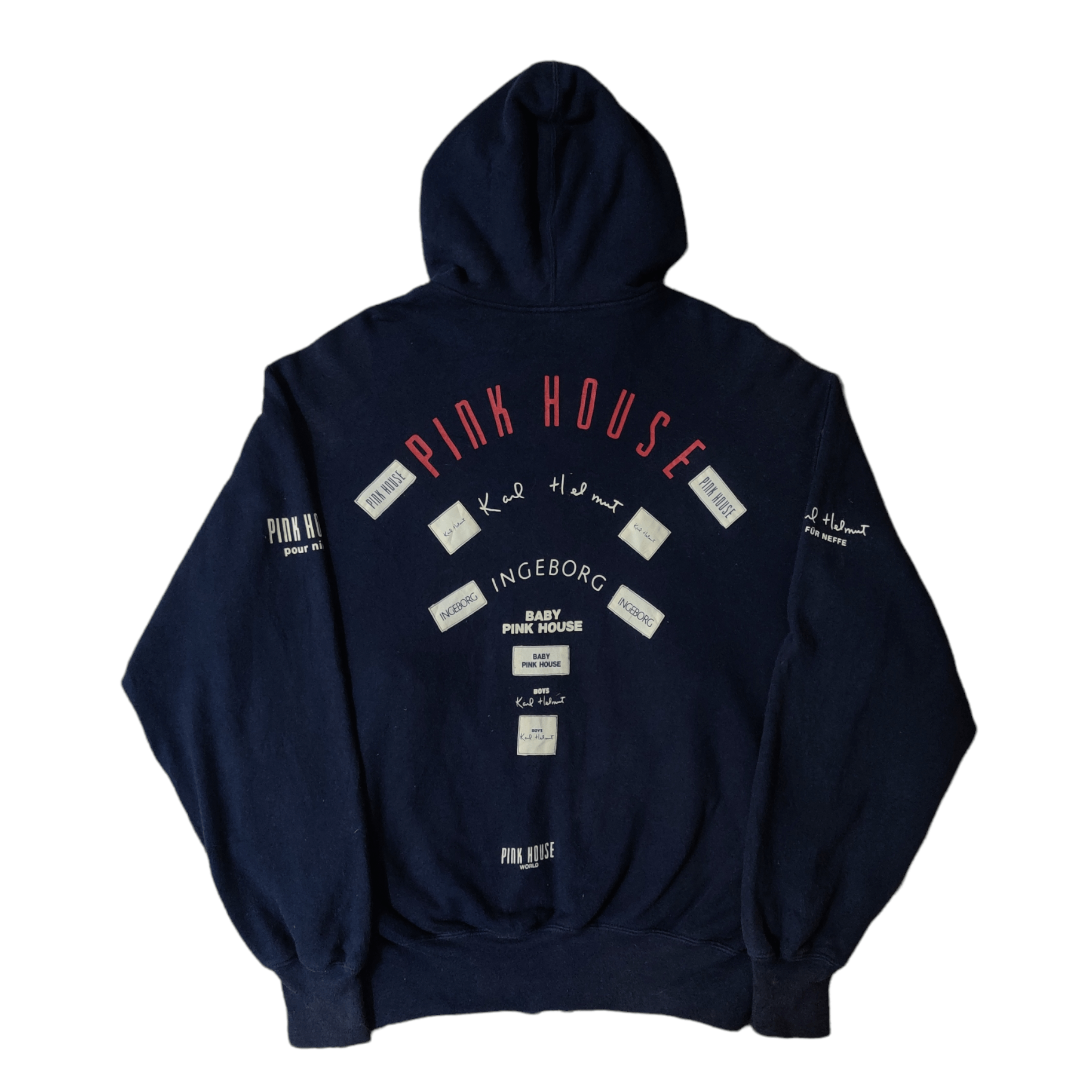 image of Vintage Pink House X Karl Helmut Hoodie Patches in Dark Blue, Men's (Size Medium)