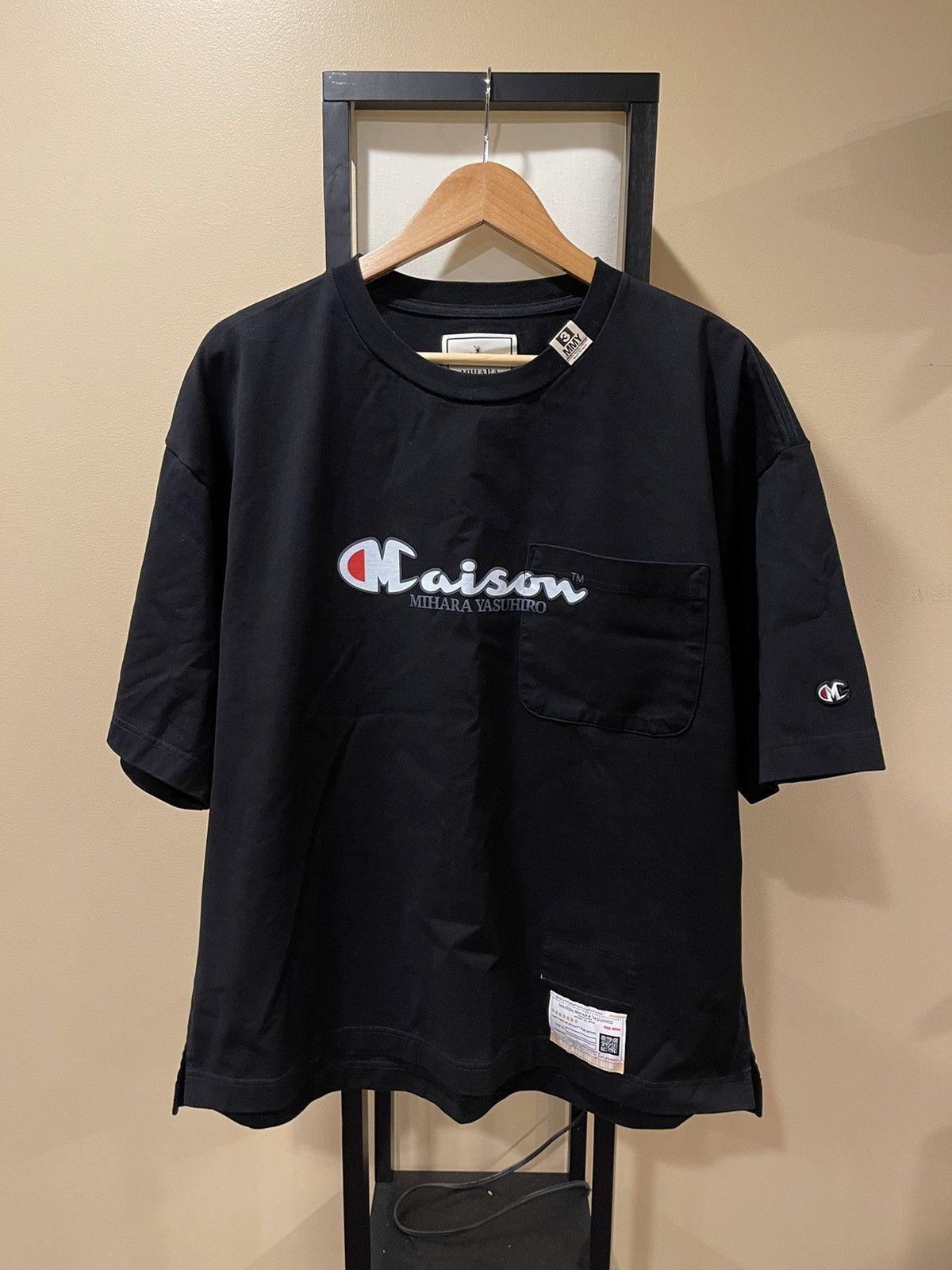 image of Miharayasuhiro Masion Champion Logo Black Short Sleeve Tee, Men's (Size Large)