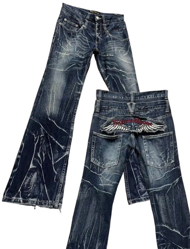 image of Avant Garde x Premium Collective Sicknylaus Premium Double Waist Flare Punk Whiskers Jeans in Blue 