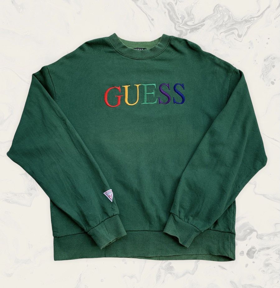 image of Guess Crewneck Sweatshirt Embroidered Rainbow in Green, Men's (Size Medium)