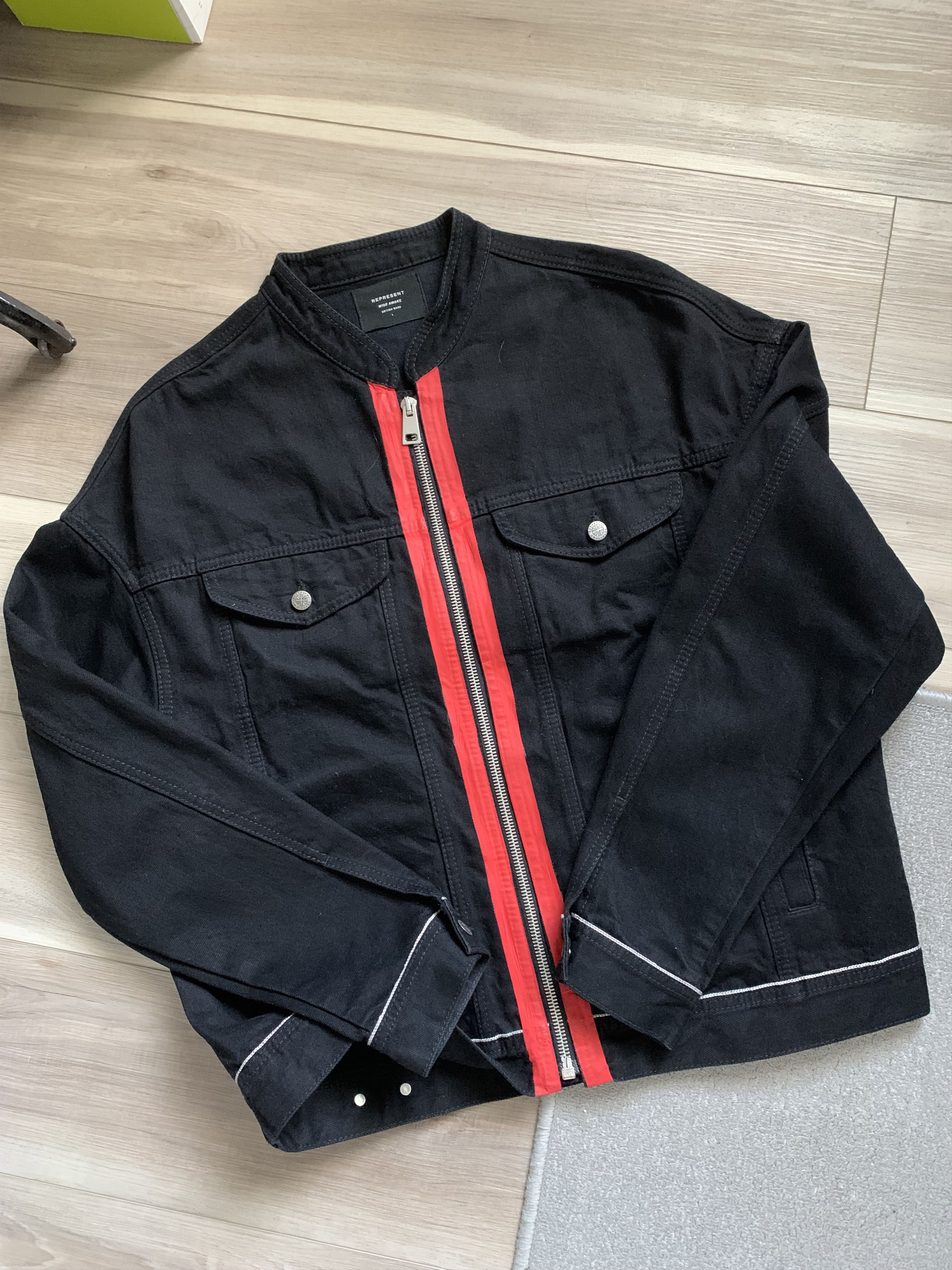 jean jacket with red stripe