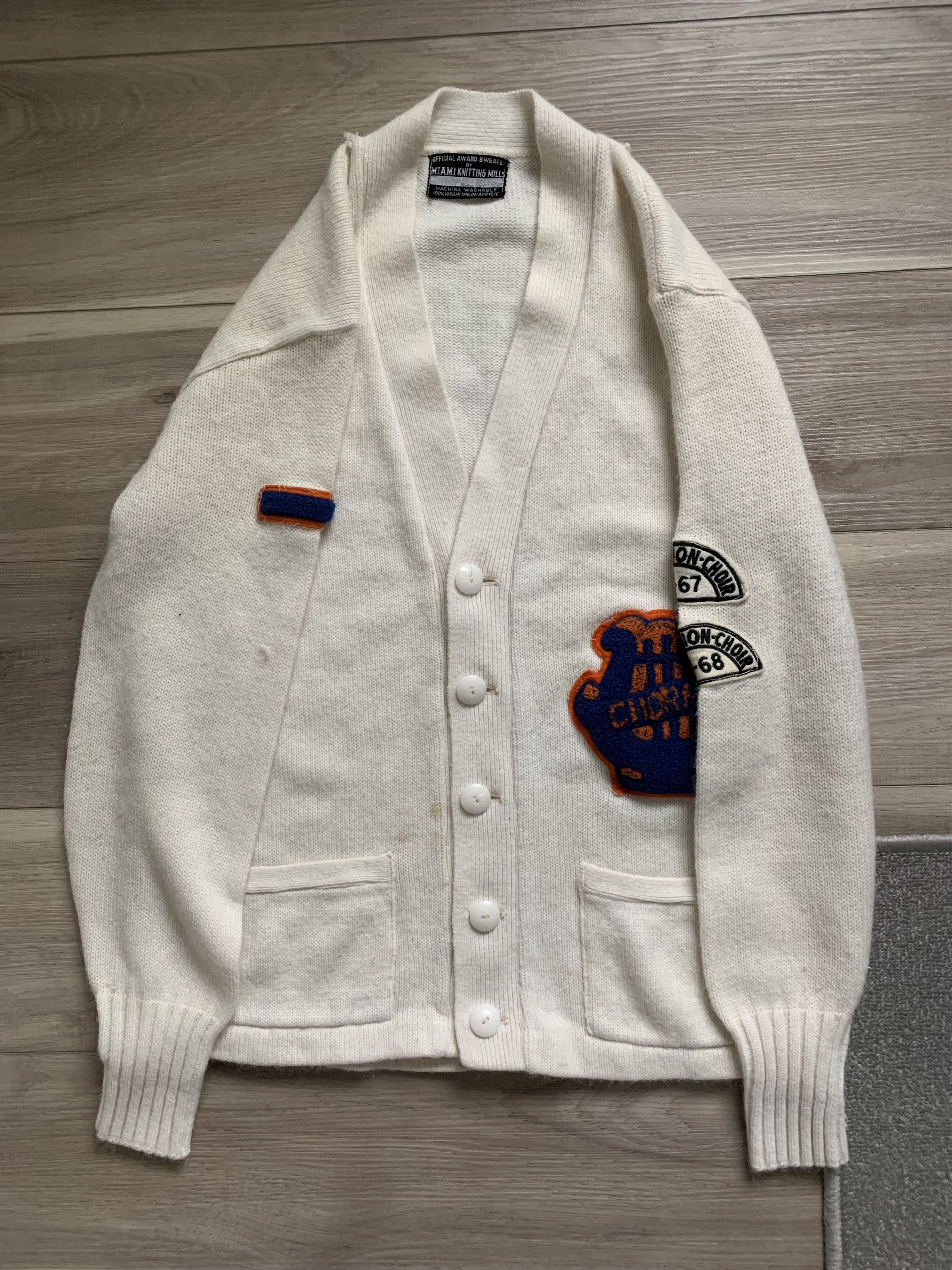 image of 1968 School Knit Varsity Cardigan / 1960S Choir in Cream, Men's (Size Small)