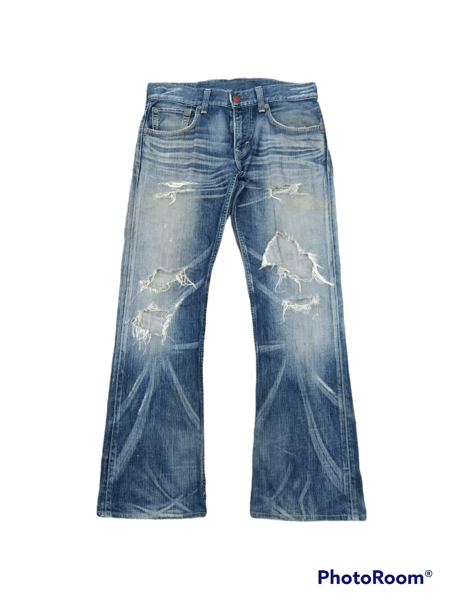 image of Archival Clothing Flared Distressed Riped Blue Trip Denim Pants in Blue Distressed, Men's (Size 31)