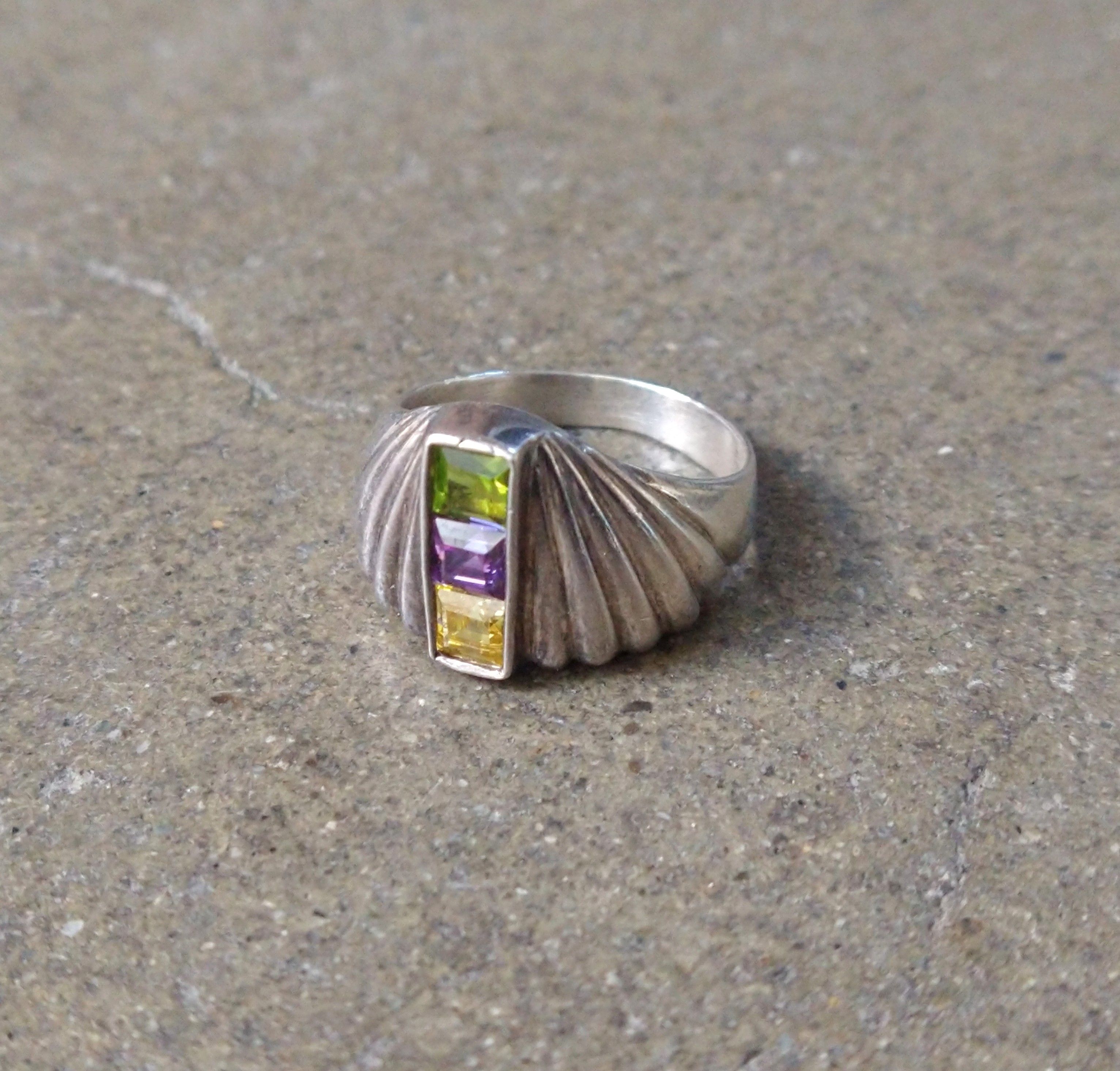 Pre-owned Avant Garde X Jewelry Sterling Silver Ring 8.25 Peridot Amethyst Modern Abstract In Multicolor
