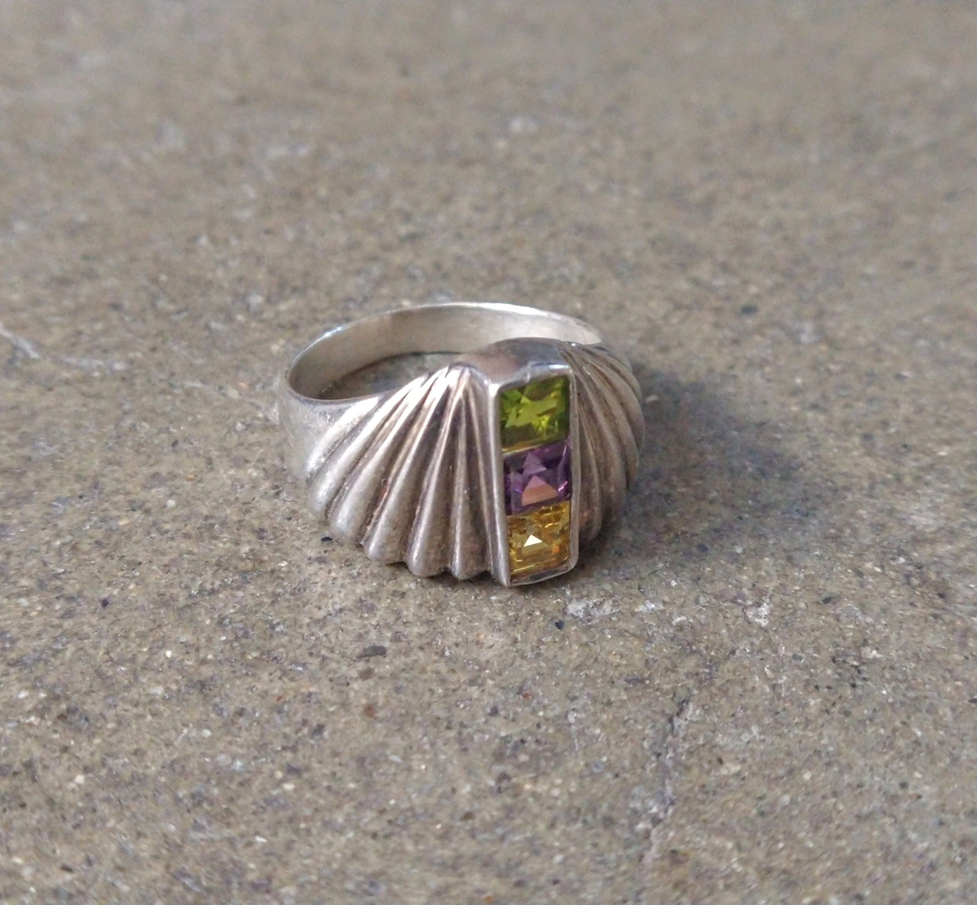 Other Sterling Silver Ring 8.25 Peridot Amethyst Modern Abstract Size ONE SIZE - 2 Thumbnail