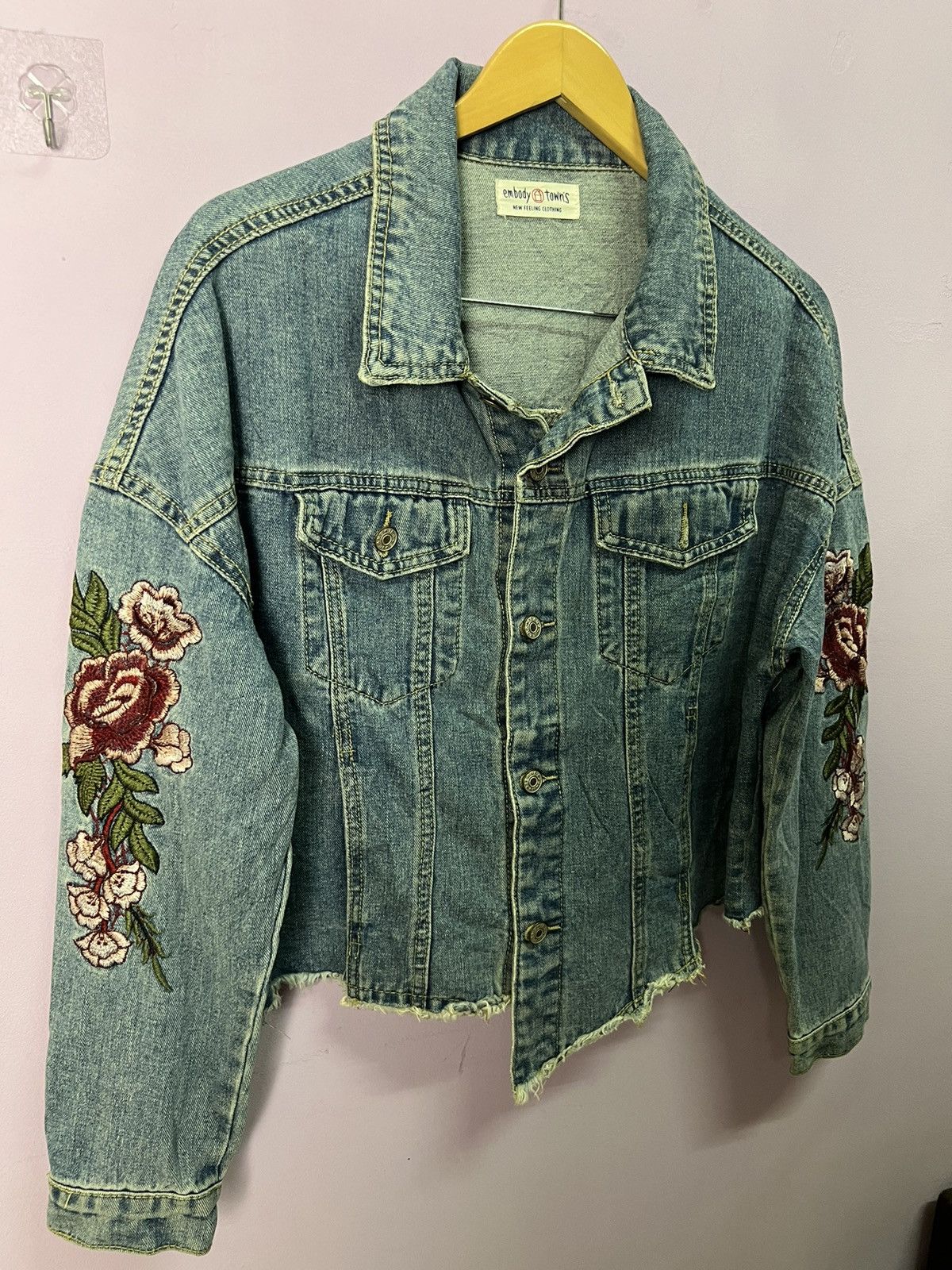 Other 🔥Cropped Flower Embroidery Denim Jacket Size L / US 10 / IT 46 - 7 Thumbnail