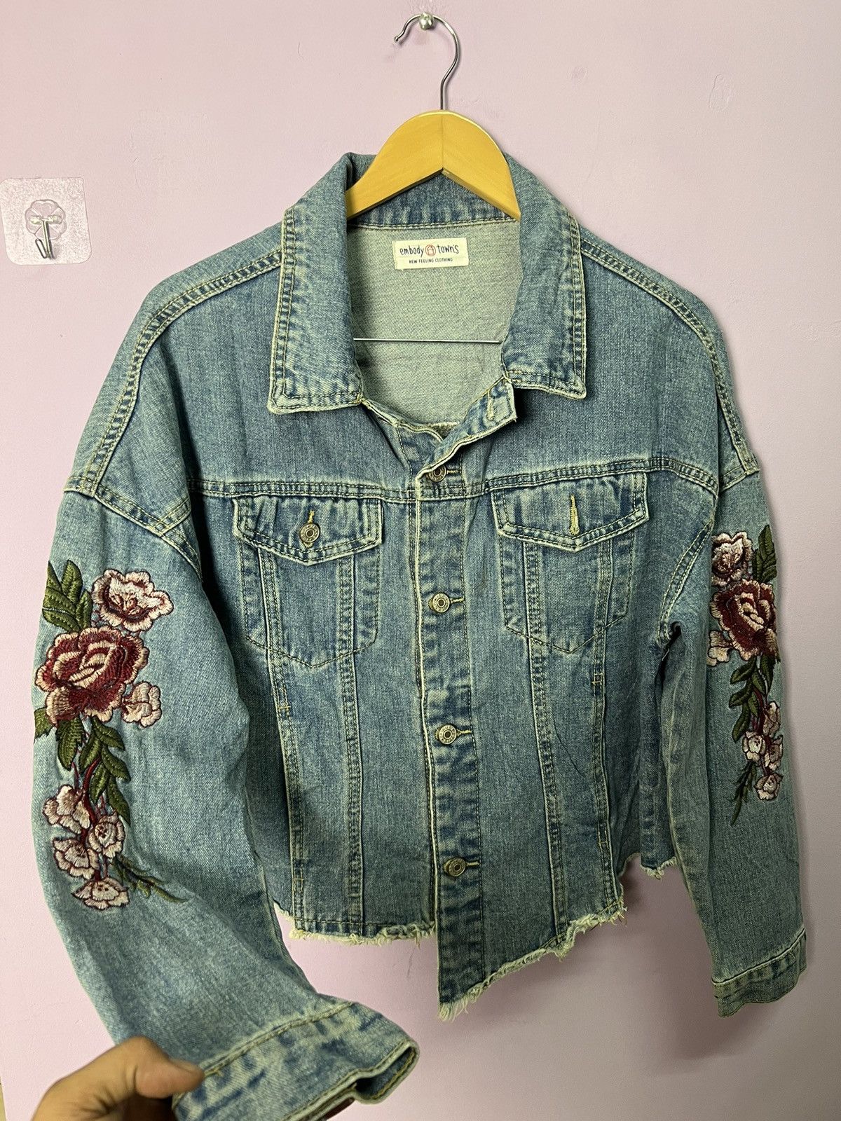 Other 🔥Cropped Flower Embroidery Denim Jacket Size L / US 10 / IT 46 - 1 Thumbnail