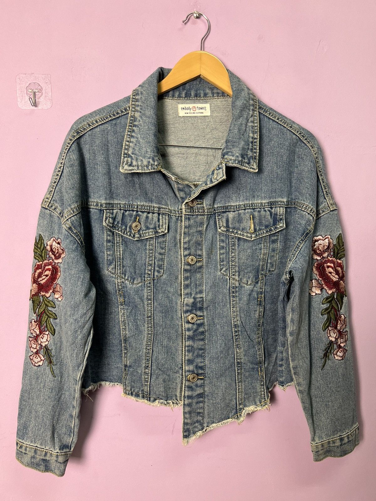 Other 🔥Cropped Flower Embroidery Denim Jacket Size L / US 10 / IT 46 - 4 Thumbnail
