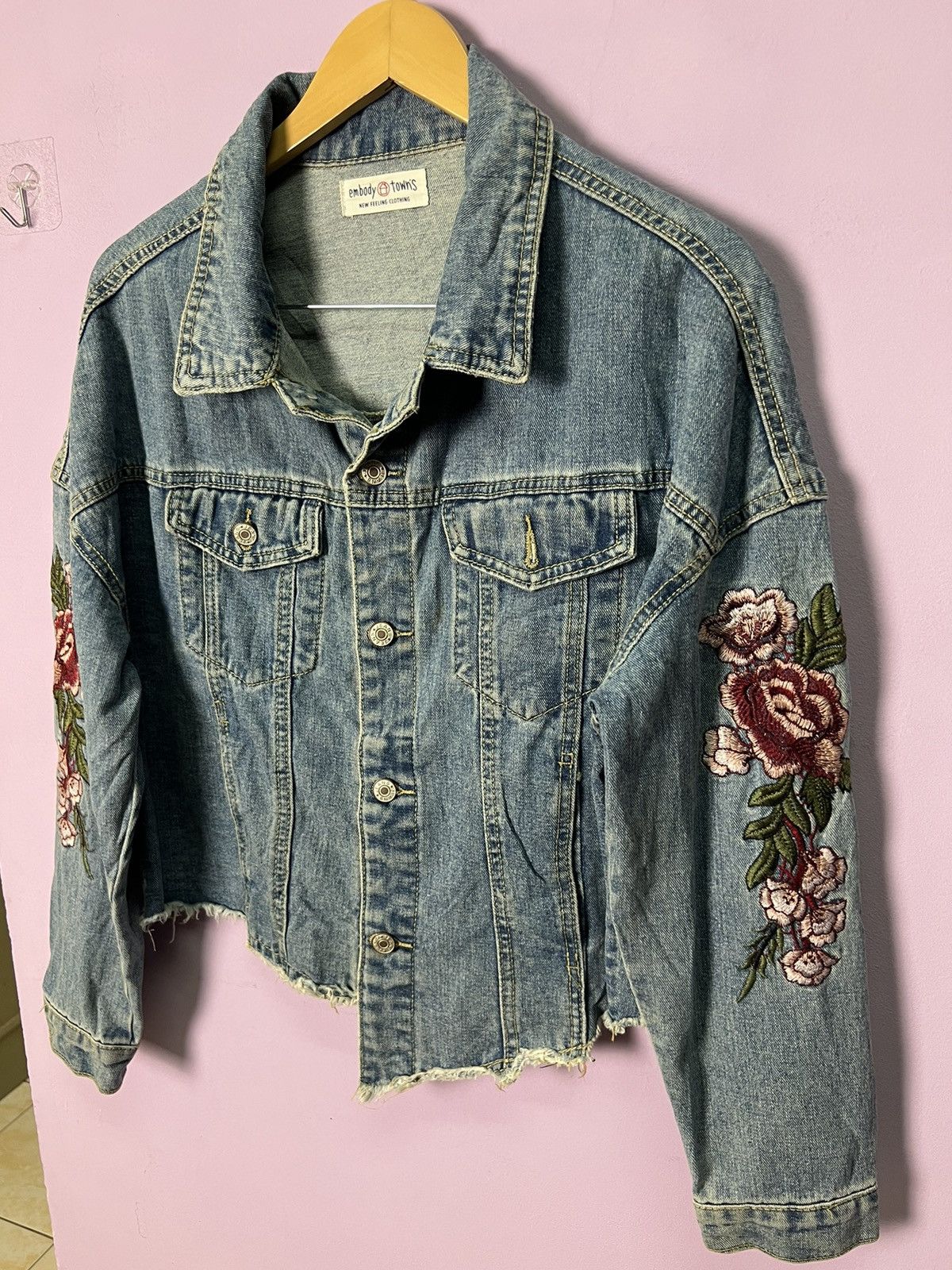 Other 🔥Cropped Flower Embroidery Denim Jacket Size L / US 10 / IT 46 - 7 Thumbnail