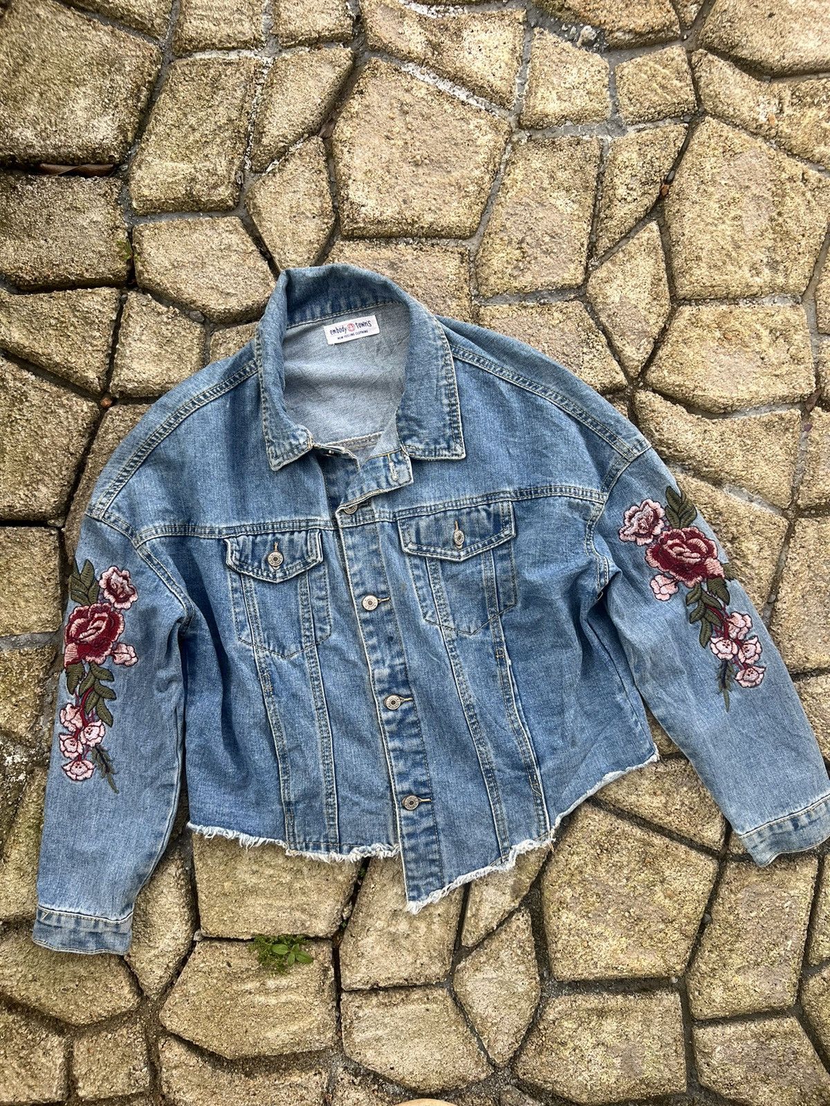Other 🔥Cropped Flower Embroidery Denim Jacket Size L / US 10 / IT 46 - 1 Thumbnail