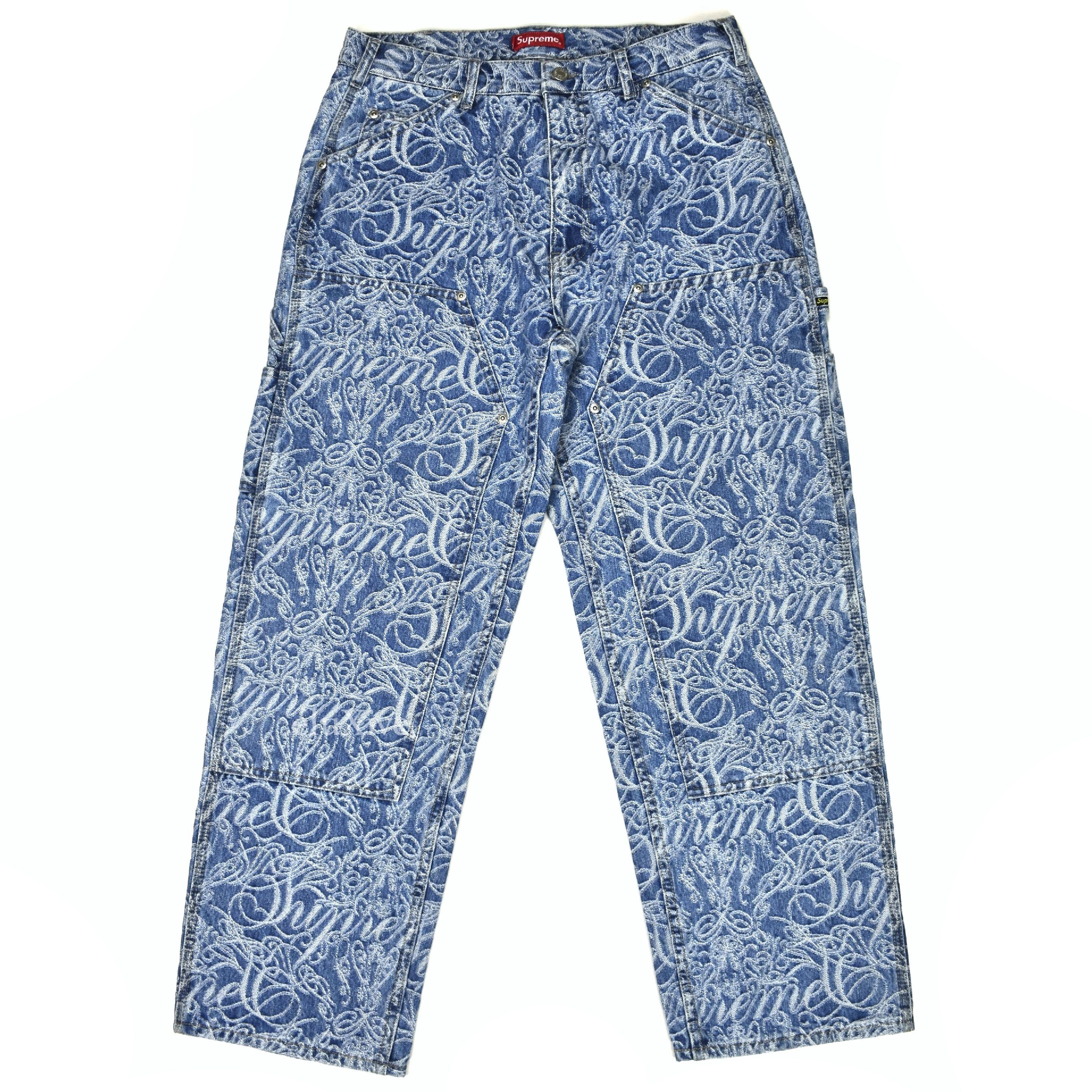 Supreme Script Jacquard Logo Double Knee Denim Jeans Blue DS