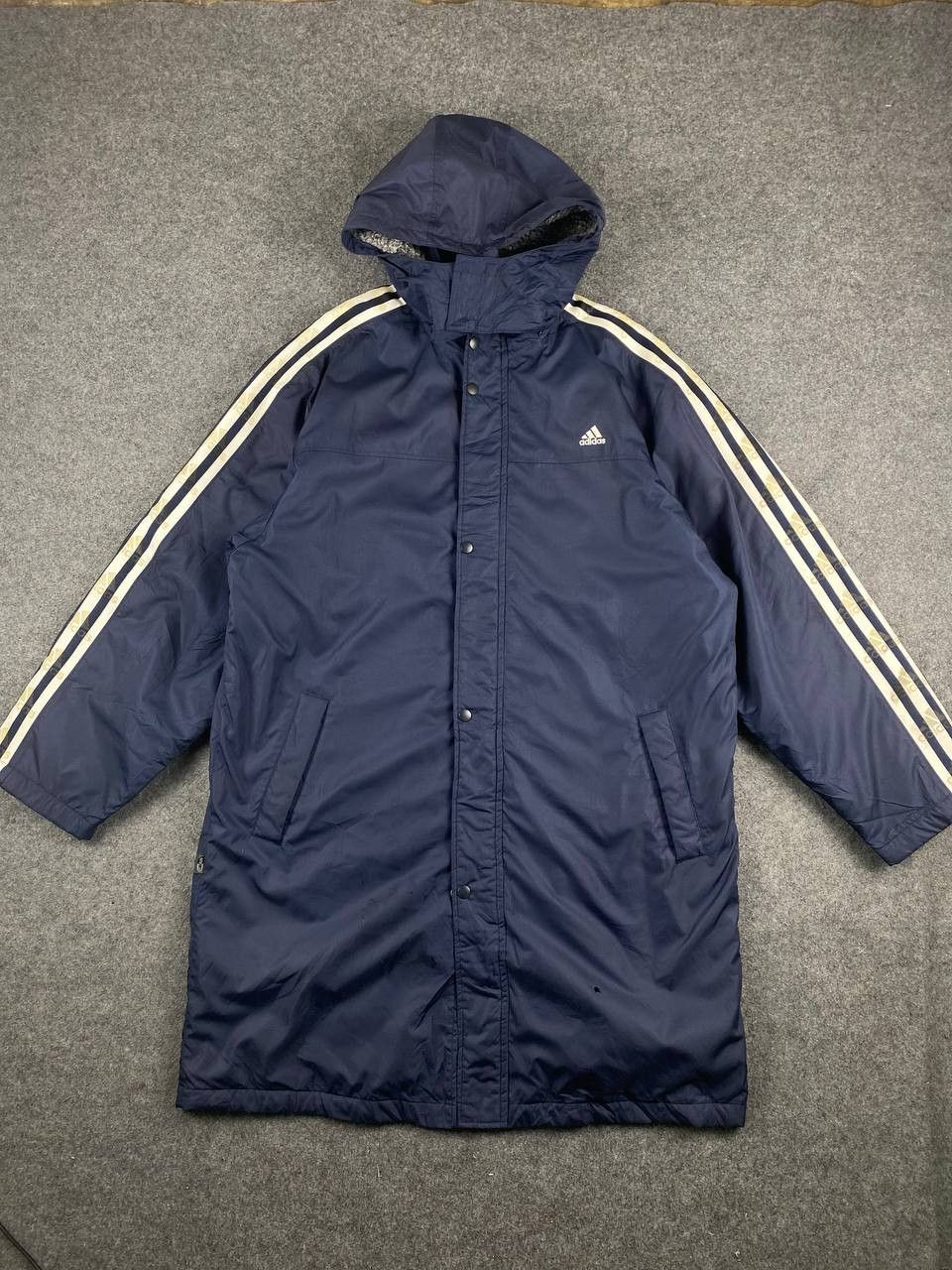 image of 90's Adidas Long Coach Jacket Sherpa Lining in Dark Blue, Men's (Size Medium)