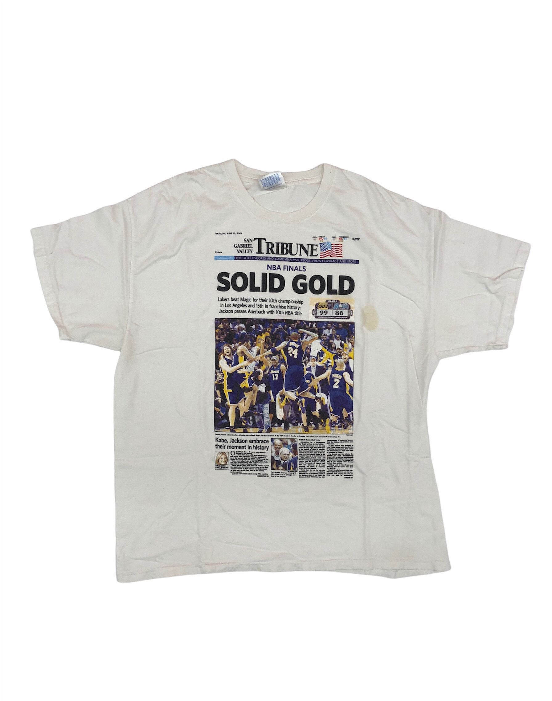 Image of Kobe Mentality x NBA 2009 Kobe Bryant Nba Champion Newspaper T-Shirt in White, Men's (Size XL)