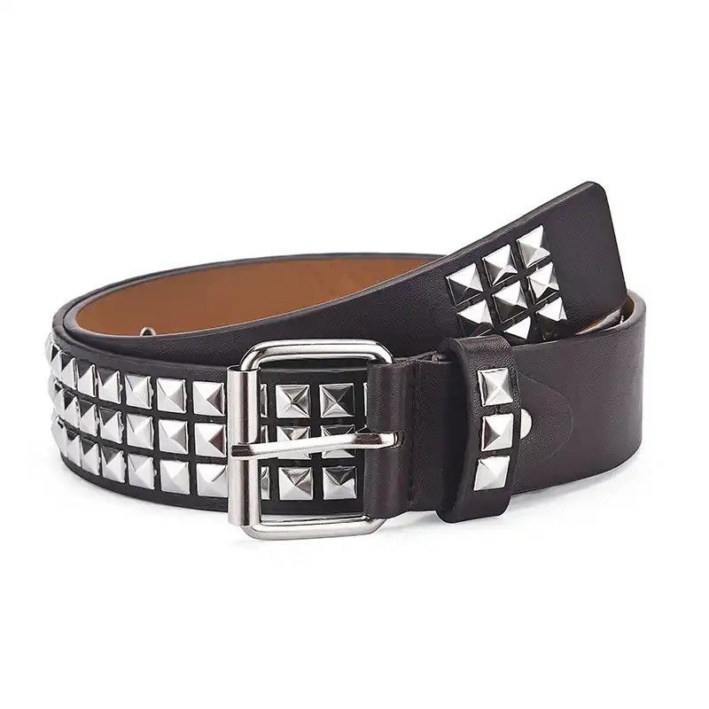 Leather Punk Hardware Jeans Belt Square Beads Rivet Belt Size ONE SIZE - 2 Thumbnail