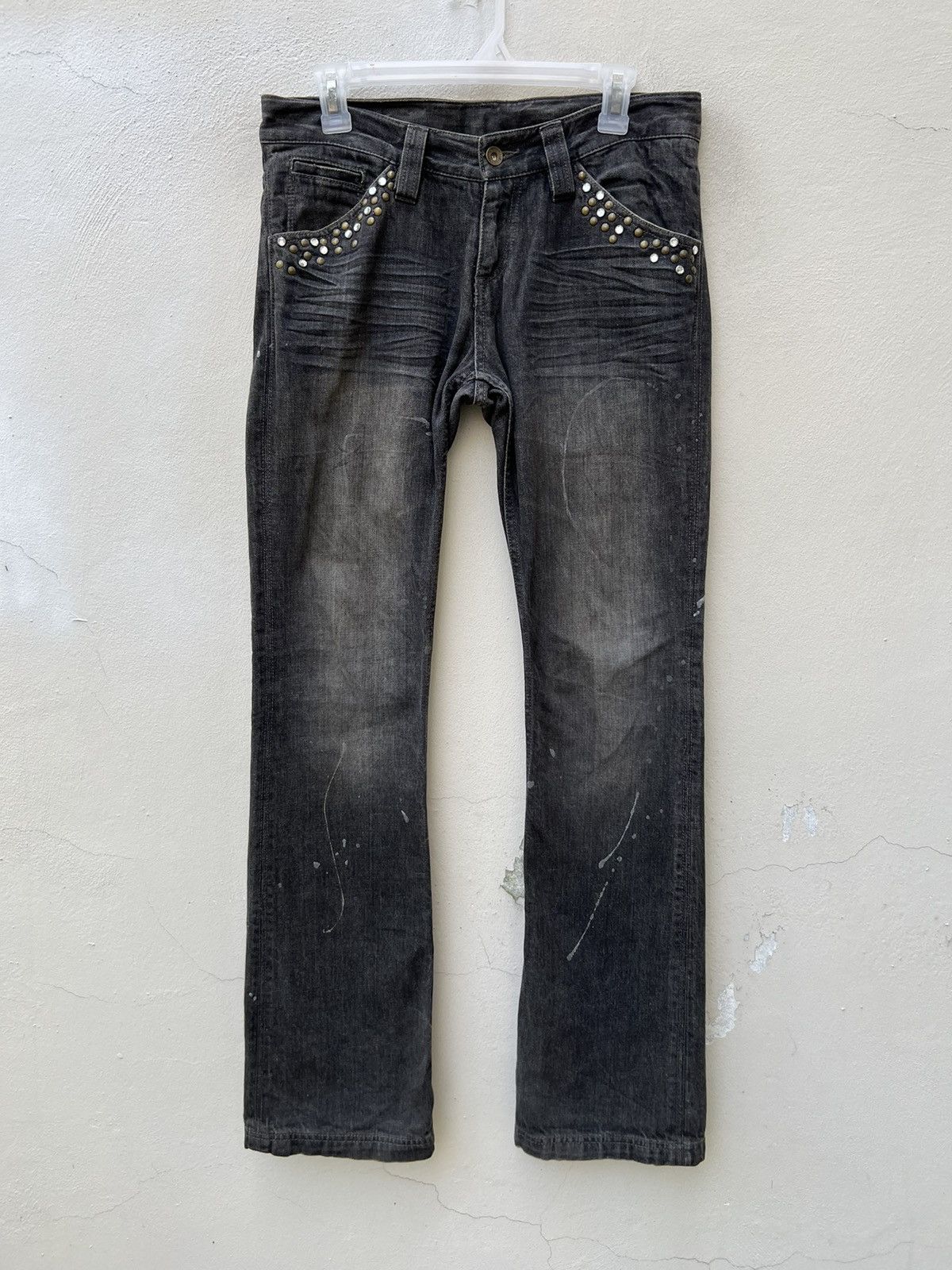 Vintage Flare Semantic Design Japan Faded Black Denim Beaded Jeans Size US 30 / EU 46 - 6 Thumbnail