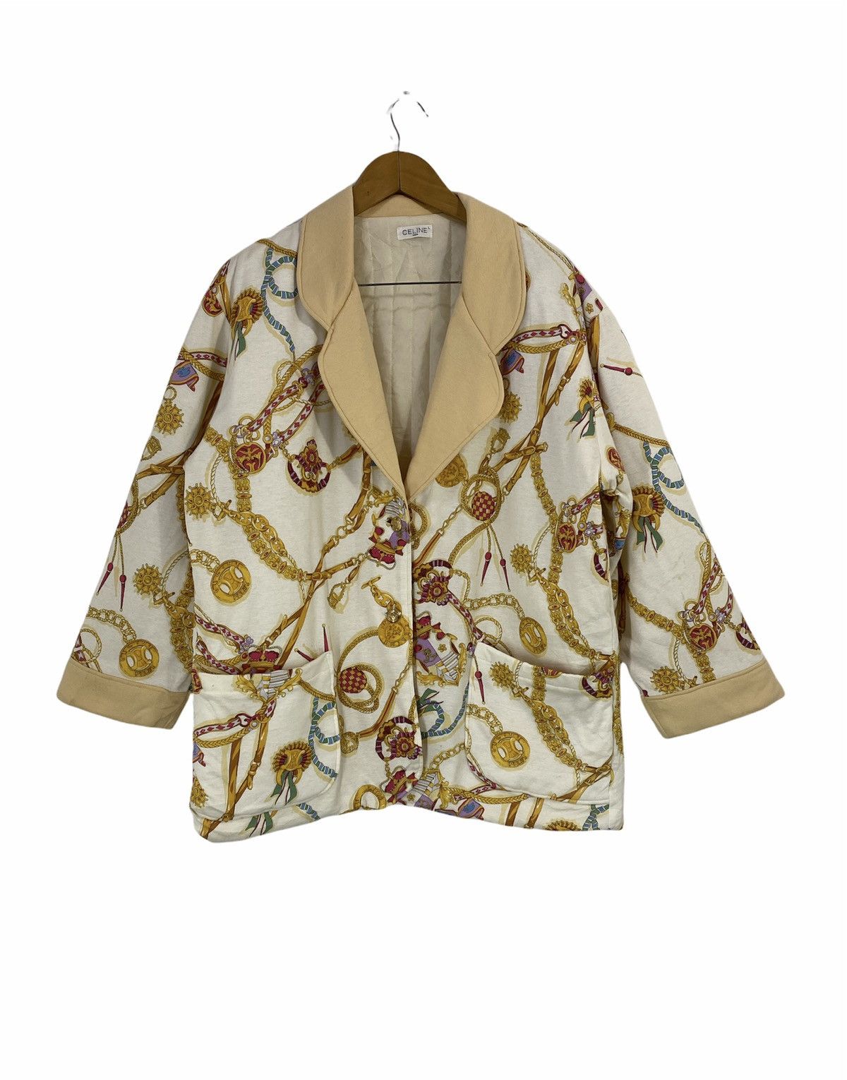 image of Celine Baroque Jacket Full Print Design Double Pocket in Cream, Women's (Size Large)