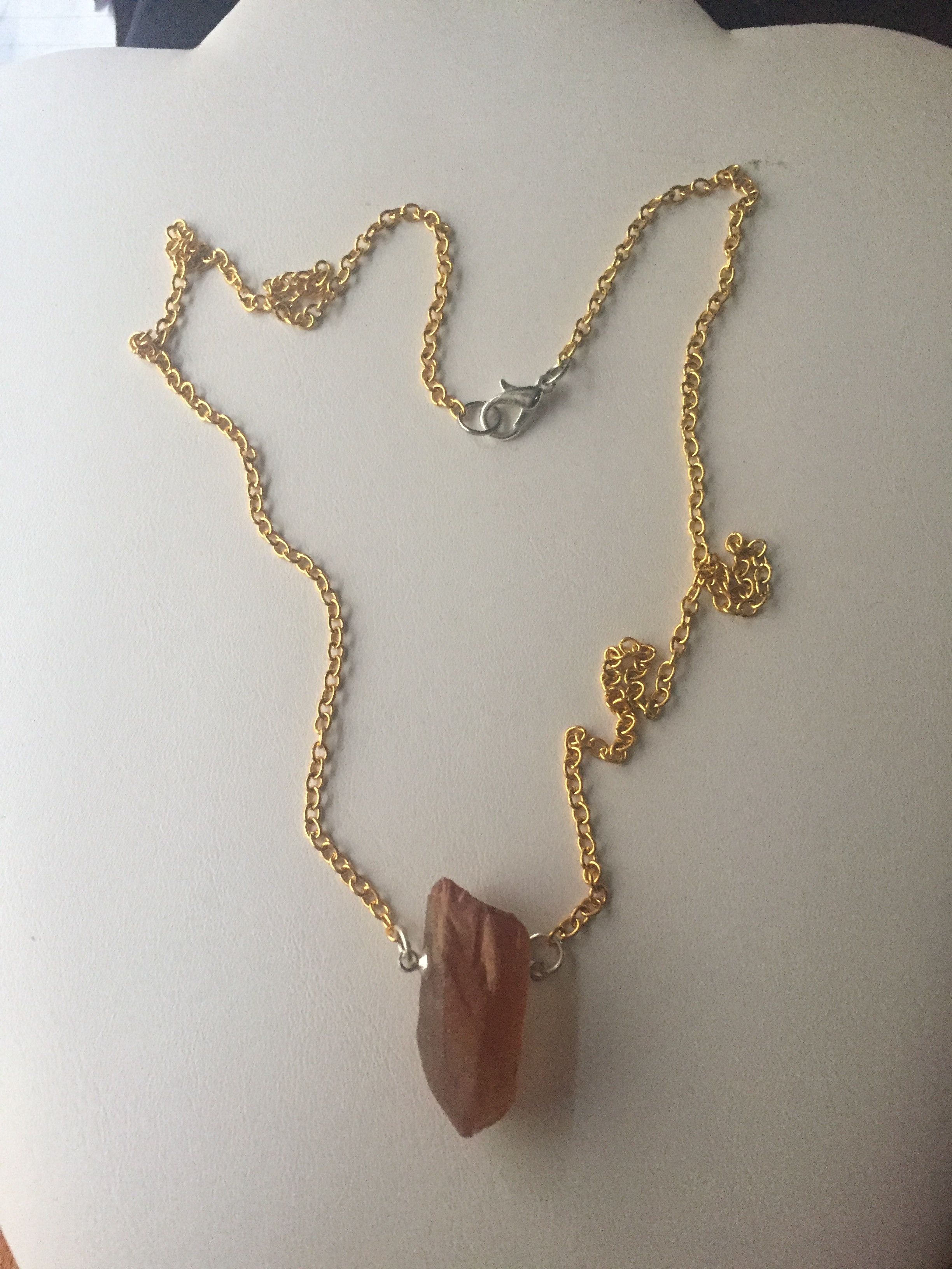 Handmade Orange Quartz Crystal Golden Chain Necklace Size ONE SIZE - 1 Thumbnail