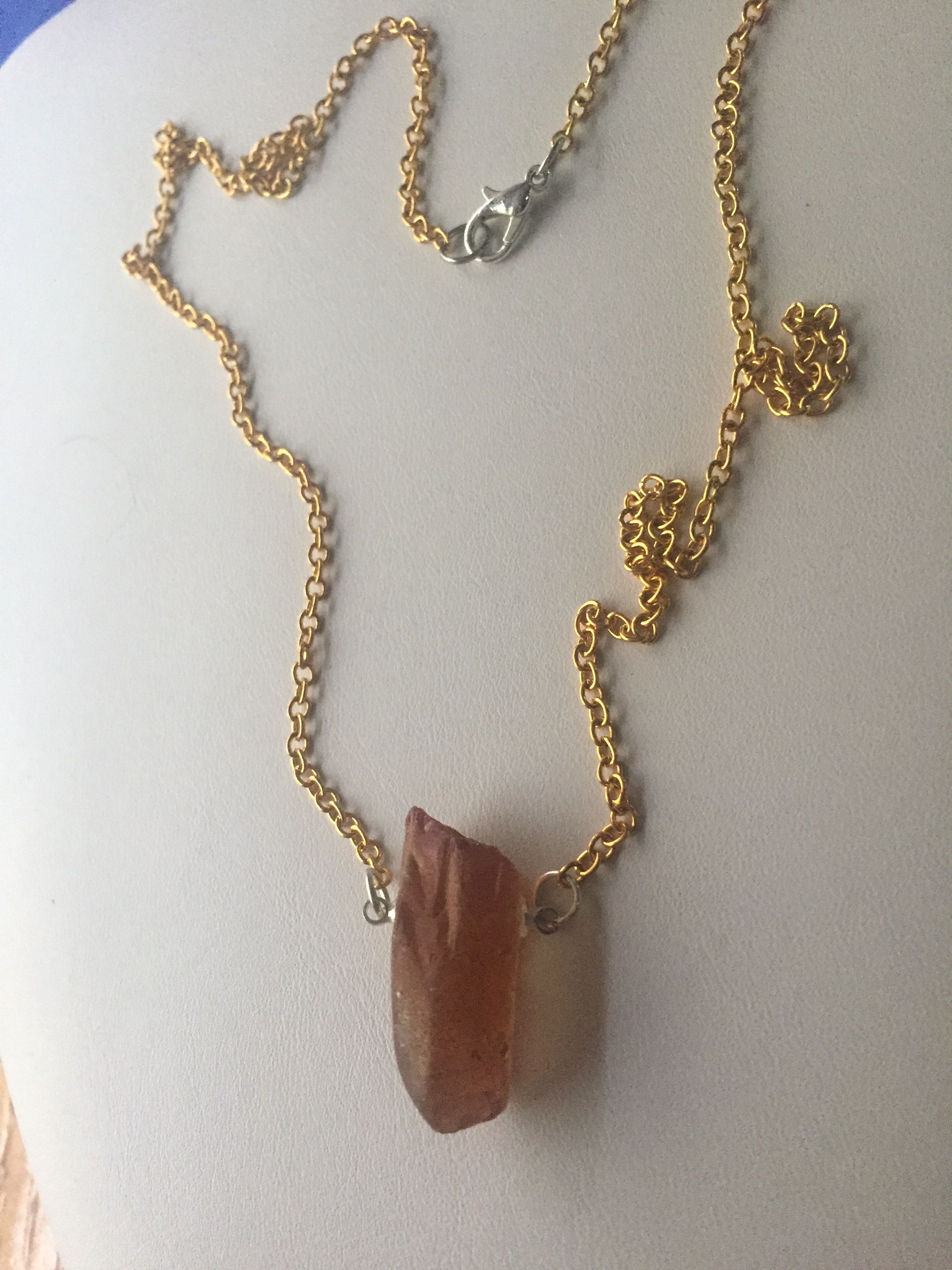 Handmade Orange Quartz Crystal Golden Chain Necklace Size ONE SIZE - 2 Thumbnail