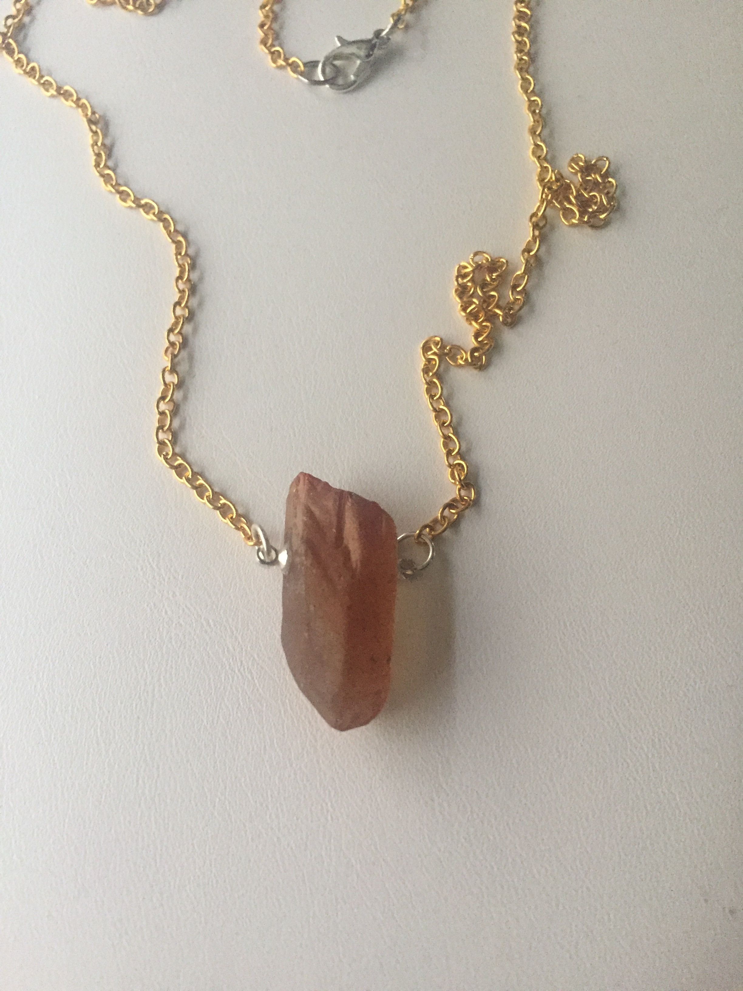 Handmade Orange Quartz Crystal Golden Chain Necklace Size ONE SIZE - 3 Thumbnail