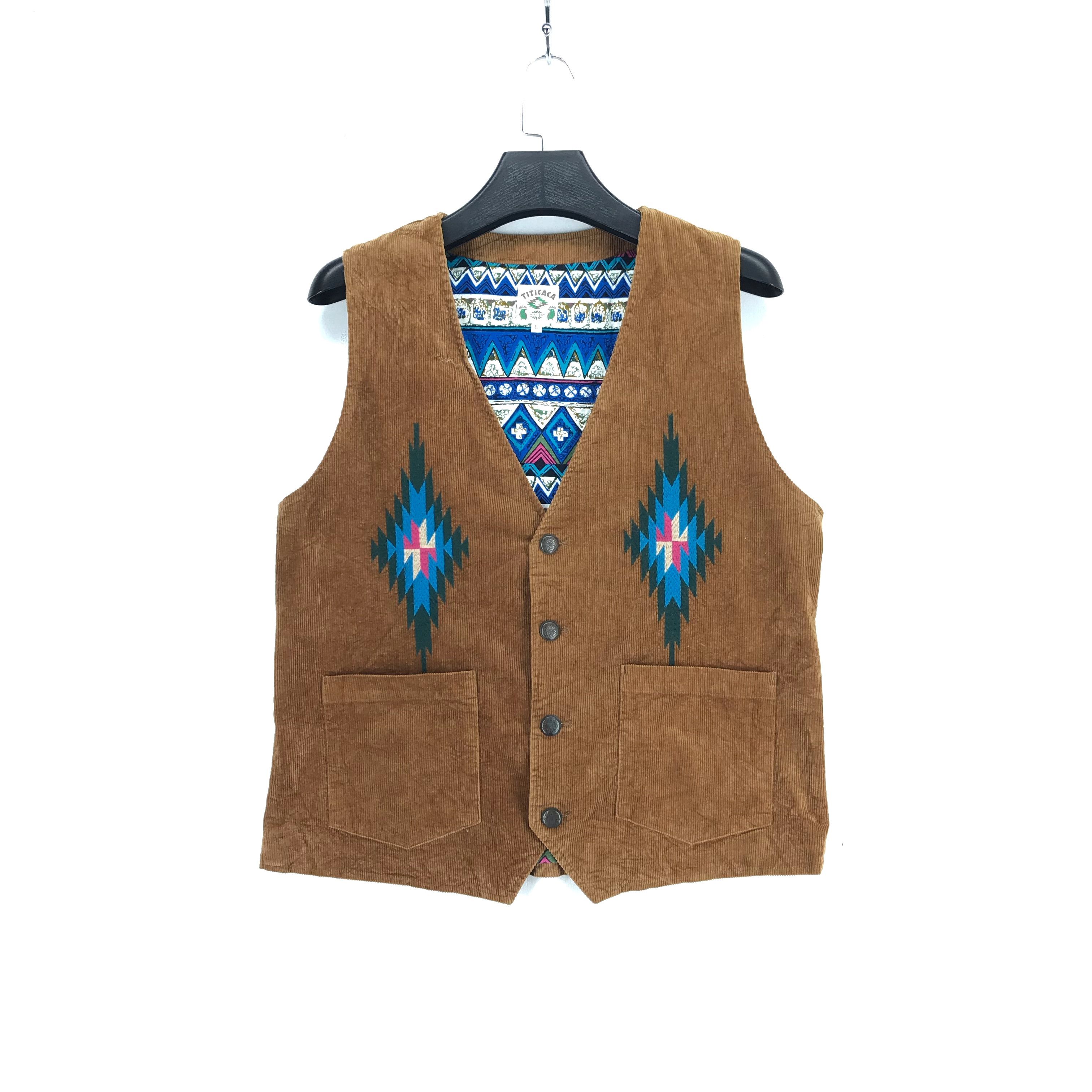 image of Tracey Vest x Vintage Titicaca Native Aztec Design Corduroy Vest 2483-95 in Brown (Size Large)
