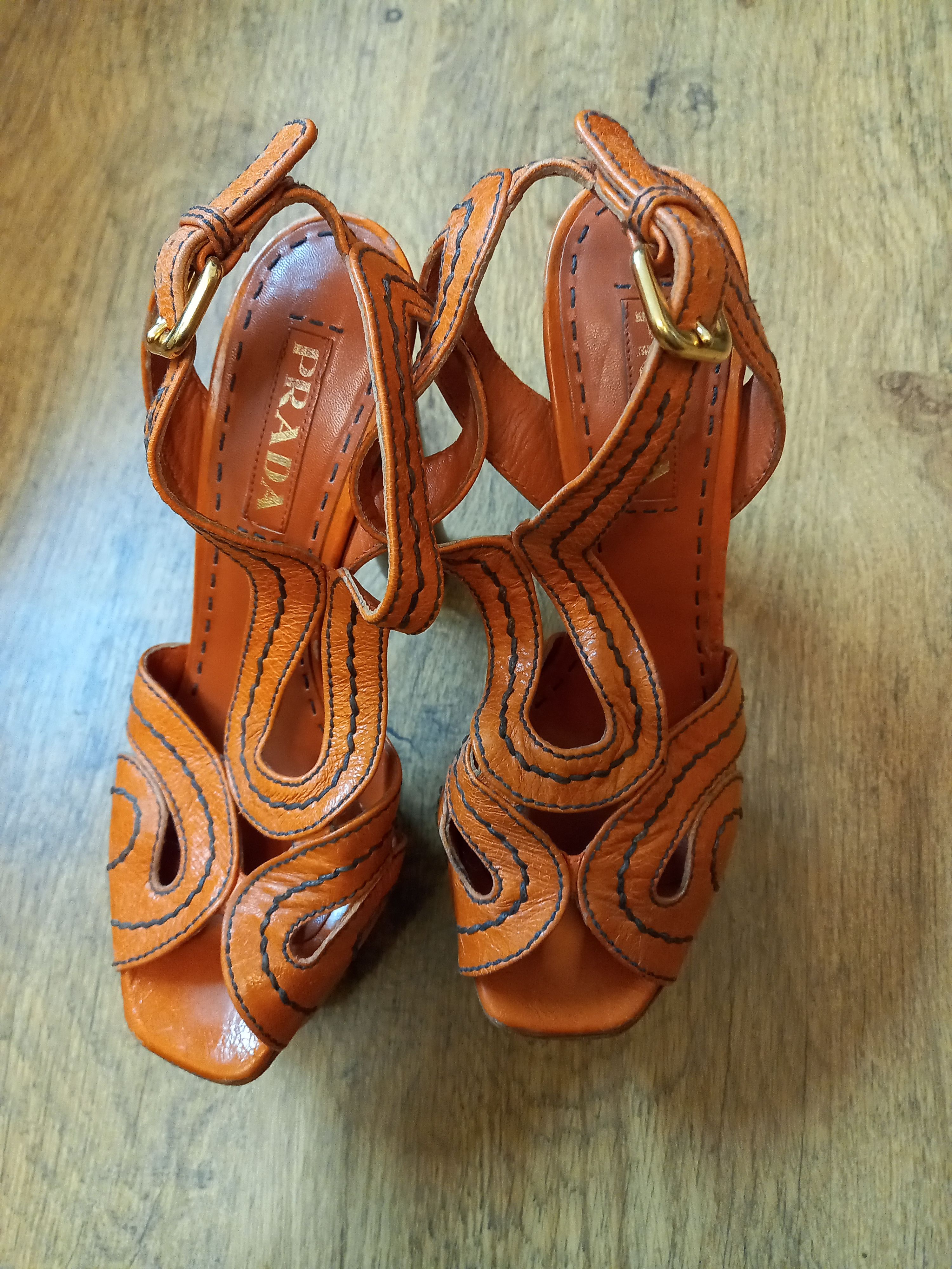 Vintage Prada Platform Heel Shoes Sandals WomenS, 38 in Orange, Women's (Size 7)