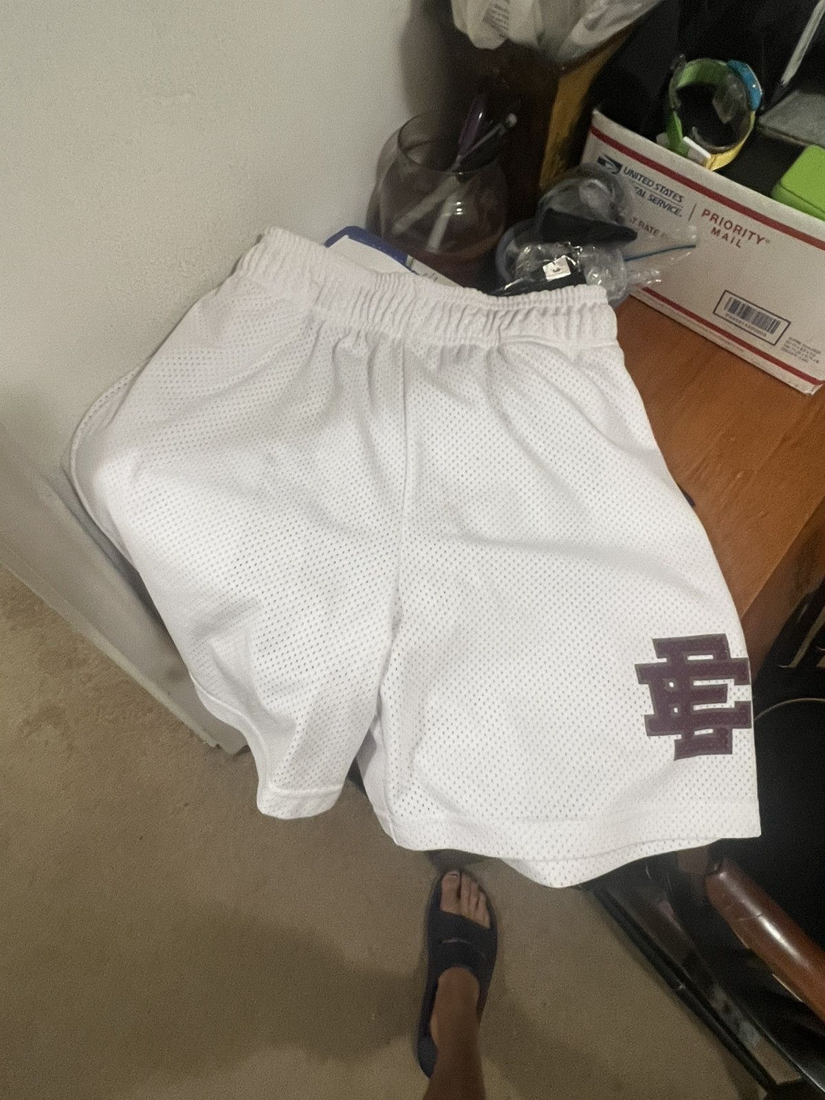 image of Eric Emanuel White W/ Grey & Maroon Ee Shorts Large, Men's (Size 32)