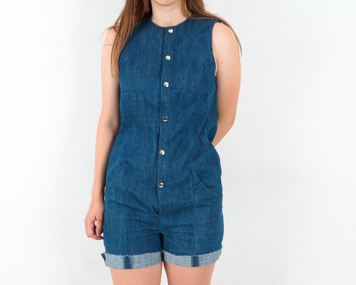 Handmade × Vintage Vintage y2k L Denim Shorts Romper Shirt Jumpsuit Overall bib Size 30" / US 8 / IT 44 - 4 Thumbnail