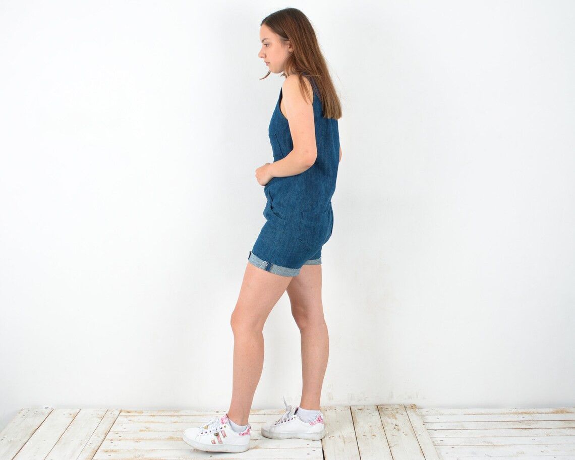 Handmade × Vintage Vintage y2k L Denim Shorts Romper Shirt Jumpsuit Overall bib Size 30" / US 8 / IT 44 - 2 Thumbnail