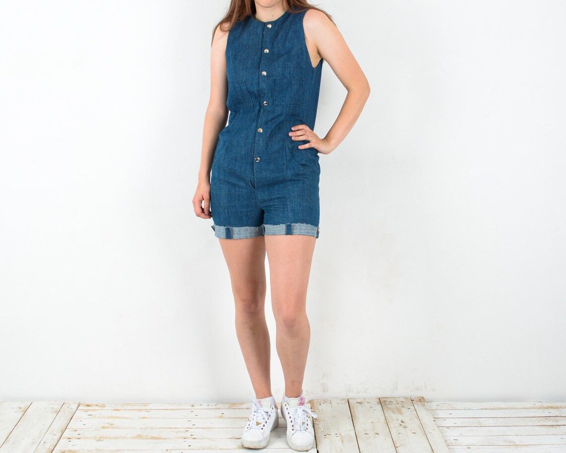 Handmade × Vintage Vintage y2k L Denim Shorts Romper Shirt Jumpsuit Overall bib Size 30" / US 8 / IT 44 - 1 Thumbnail