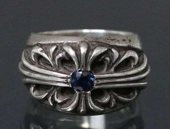 image of Chrome Hearts Sapphire Cross Ring in Silver, Men's