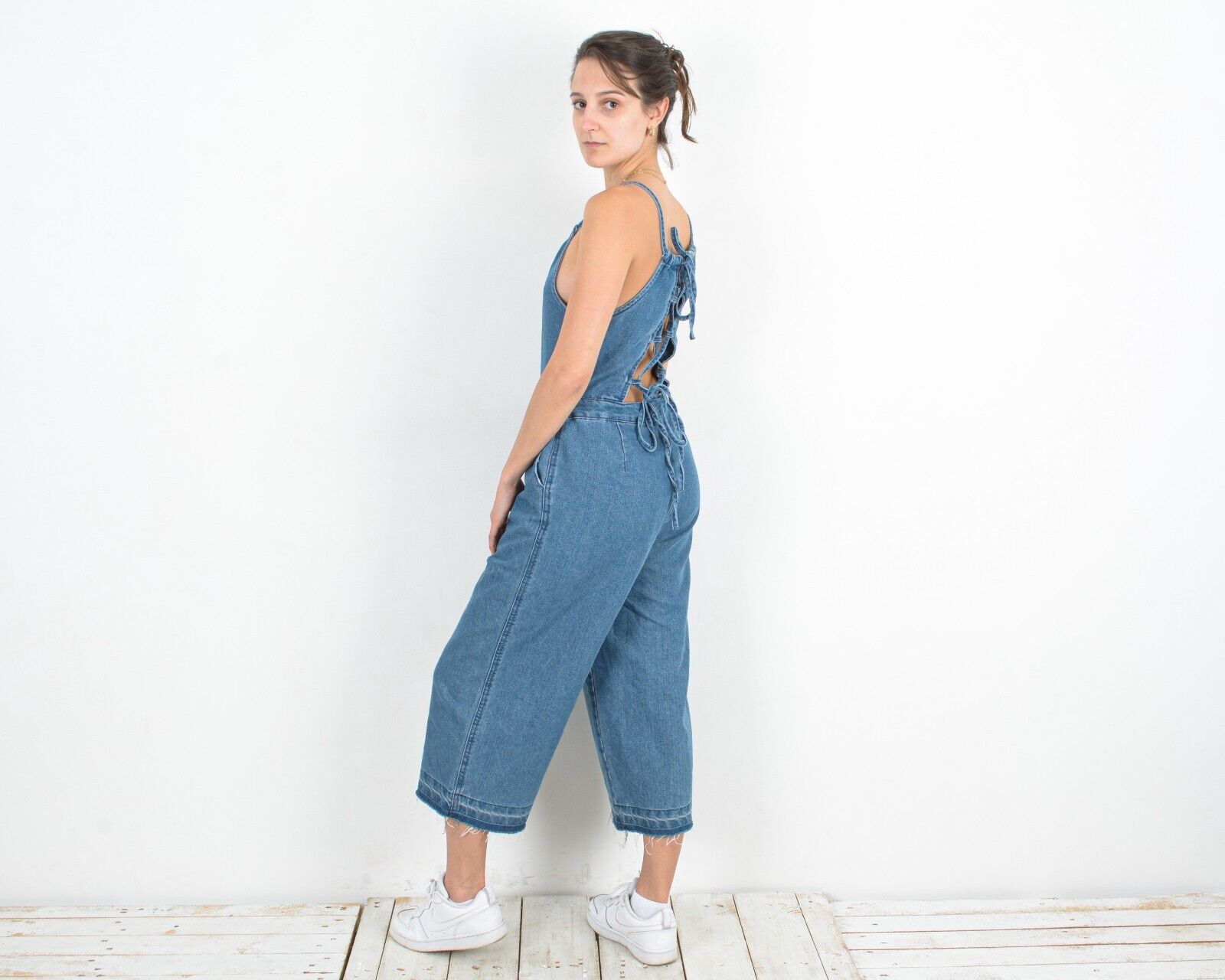 Vintage 90's Overall Denim Dungaree Lace Straps Romper Wide Pants Size M / US 6-8 / IT 42-44 - 3 Thumbnail