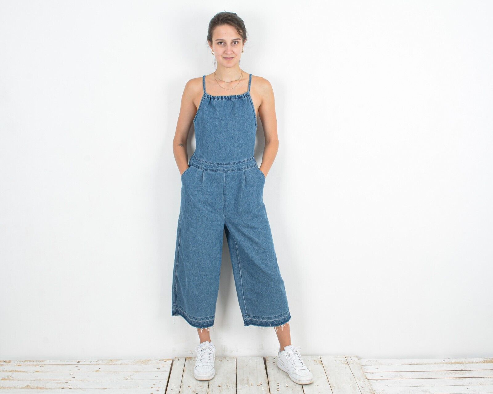 Vintage 90's Overall Denim Dungaree Lace Straps Romper Wide Pants Size M / US 6-8 / IT 42-44 - 1 Thumbnail