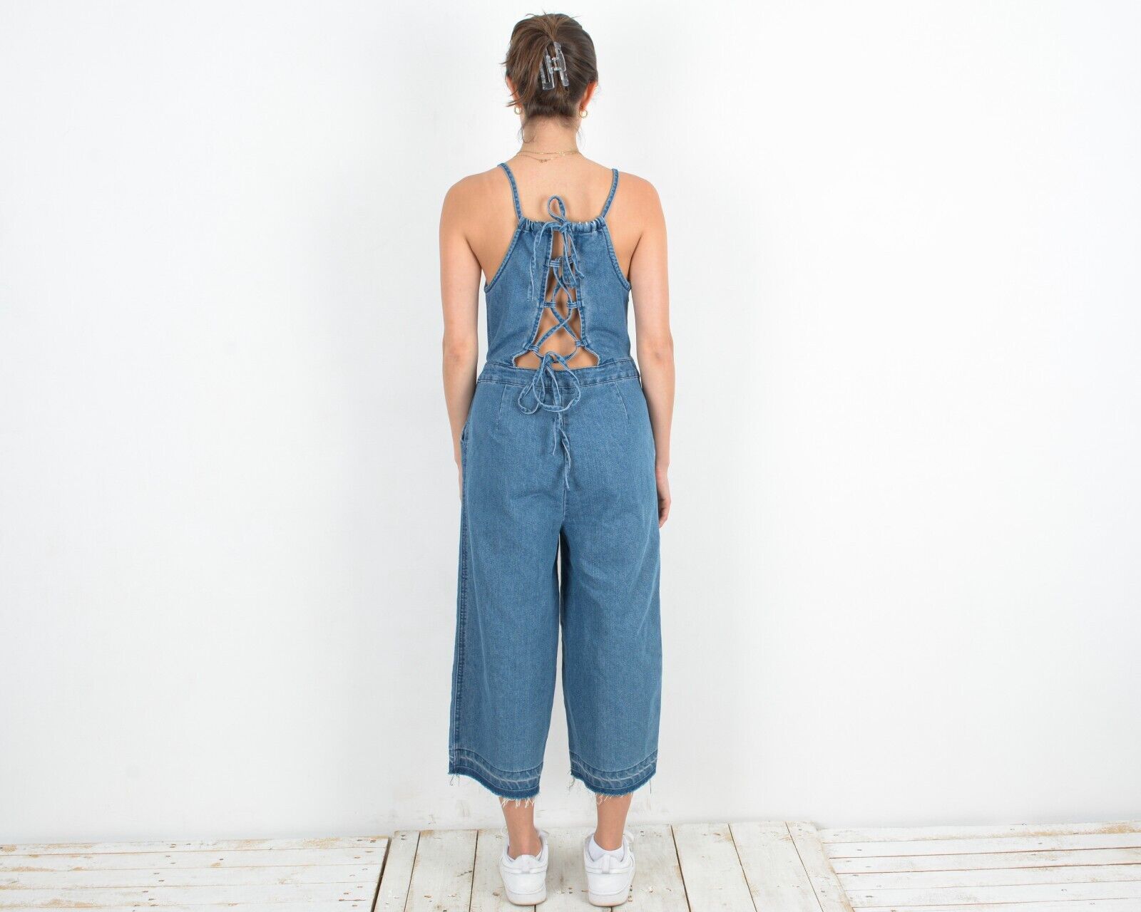 Vintage 90's Overall Denim Dungaree Lace Straps Romper Wide Pants Size M / US 6-8 / IT 42-44 - 4 Thumbnail