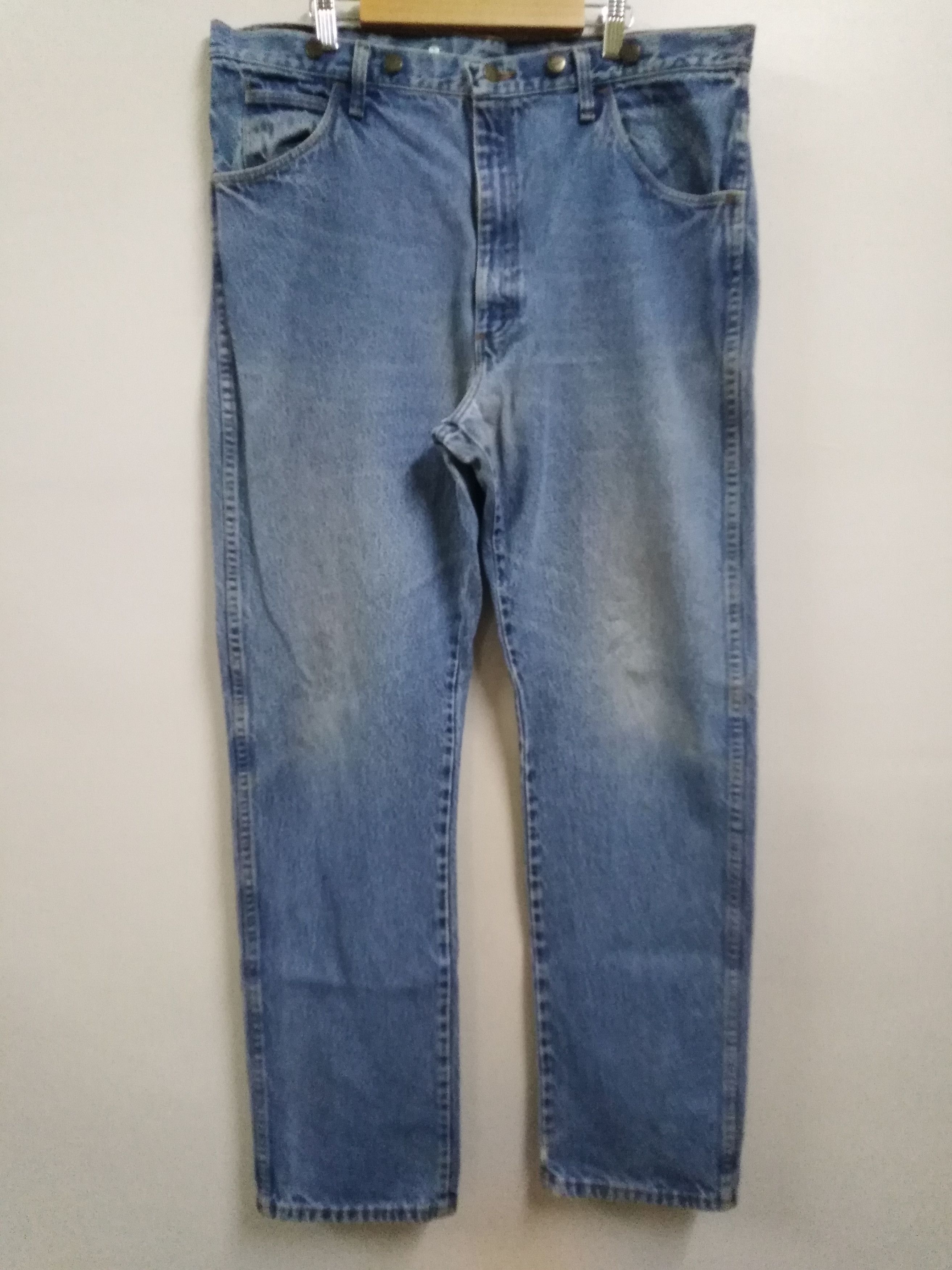 image of Distressed Denim x Vintage Rustler Bucksaw Logger Jeans Made In Mexico in Blue Distressed (Size 38)