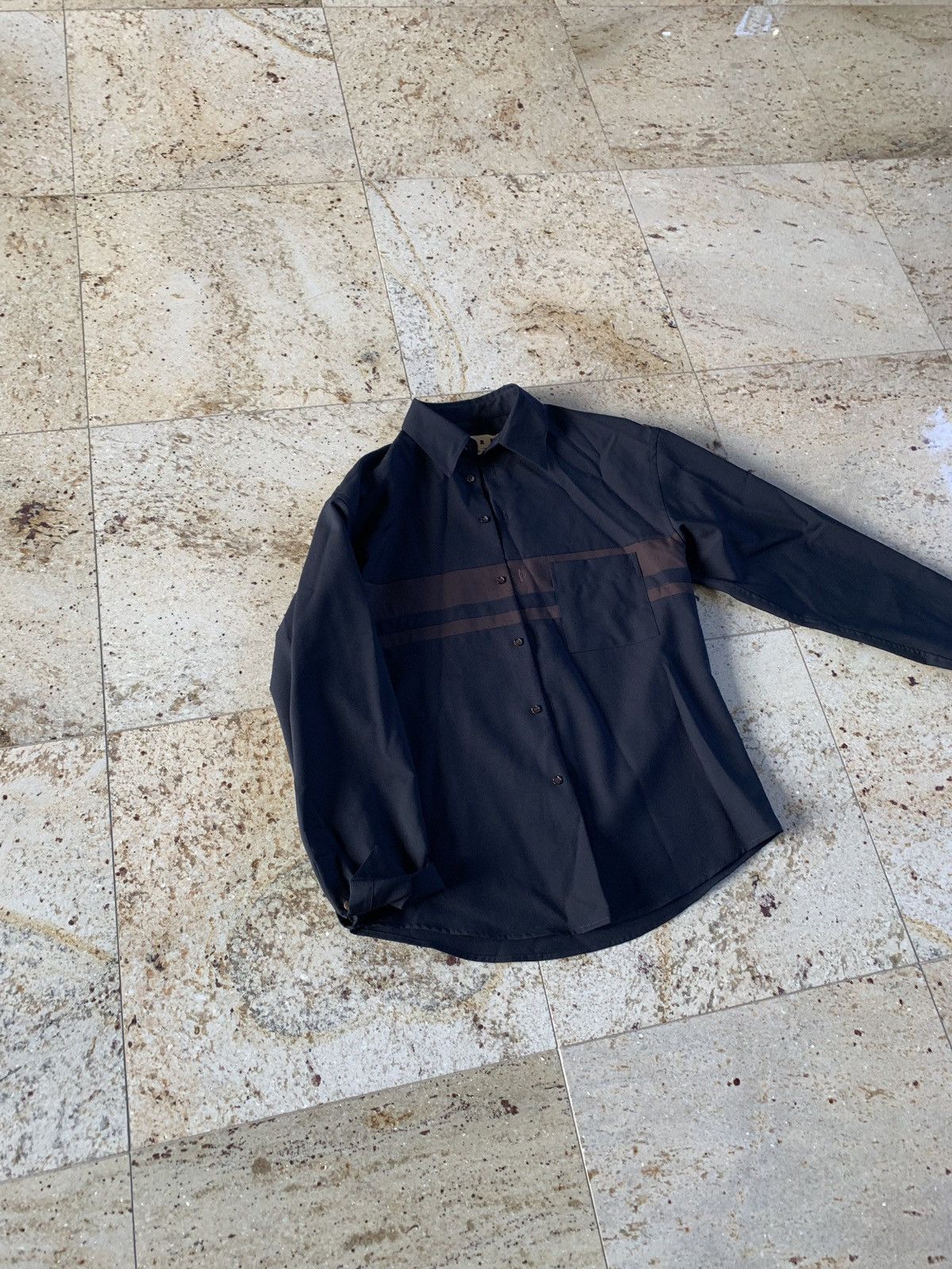 Marni Heavy Black Button Up Shirt With Brown Stripe Size US M / EU 48-50 / 2 - 4 Thumbnail