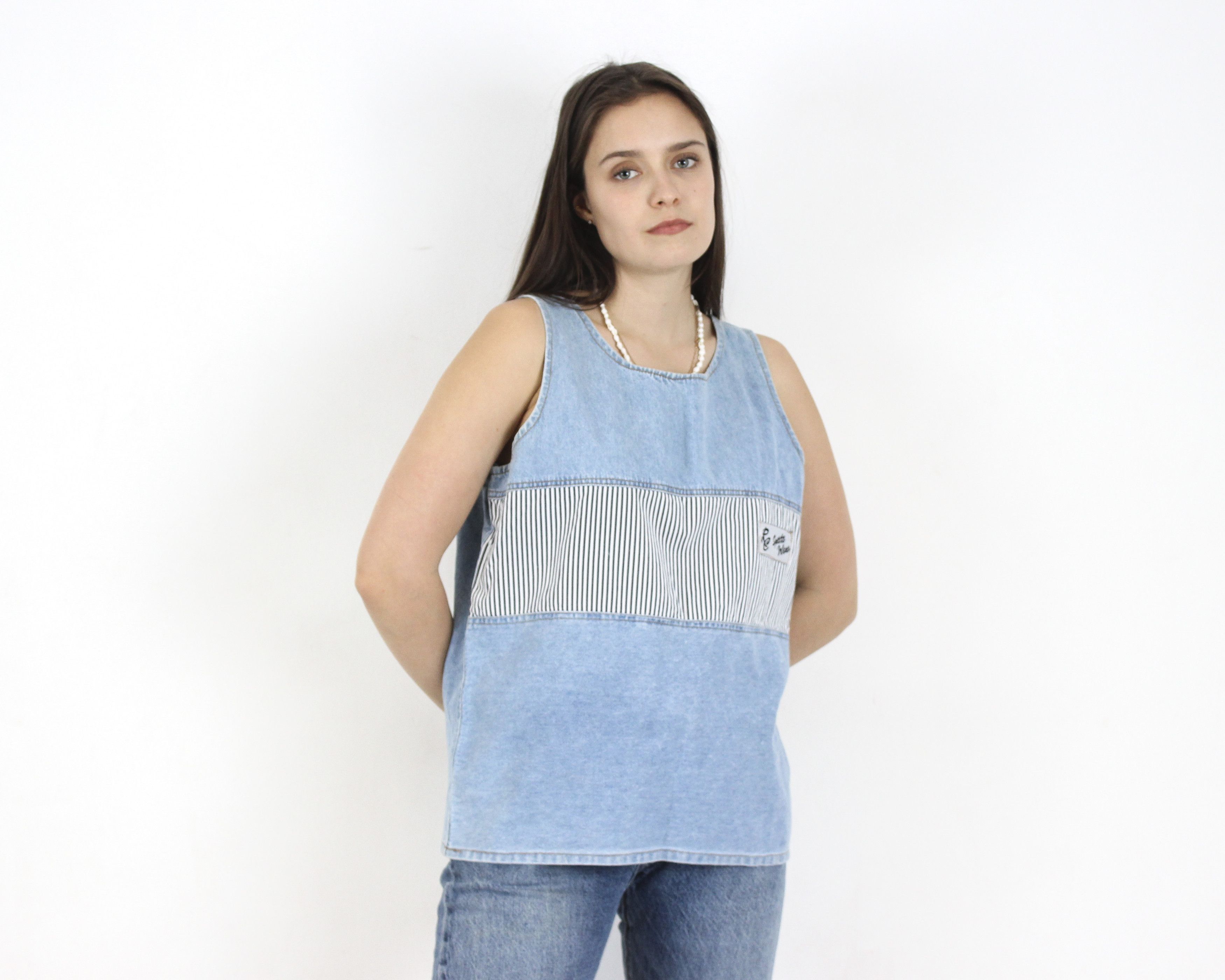 Vintage L Denim Top Blouse, made in Greece Shirt Tank Vest Pullover Size L / US 10 / IT 46 - 3 Thumbnail