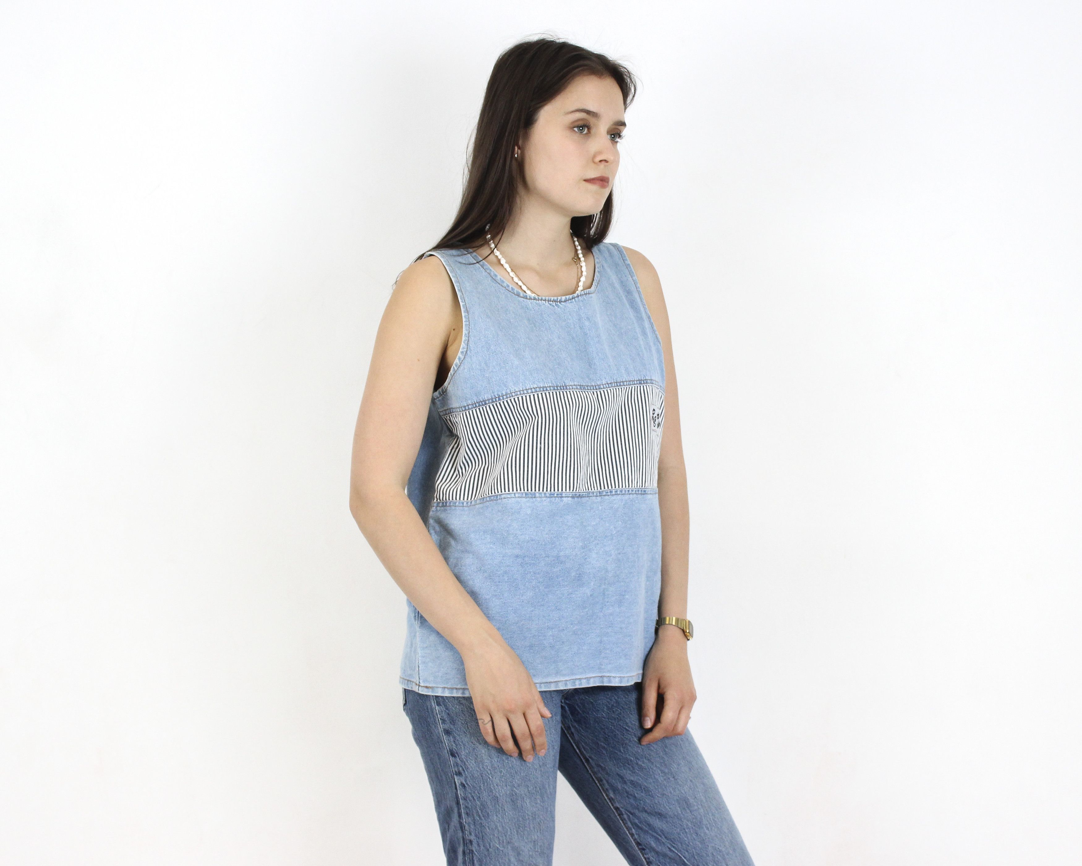 Vintage L Denim Top Blouse, made in Greece Shirt Tank Vest Pullover Size L / US 10 / IT 46 - 4 Thumbnail